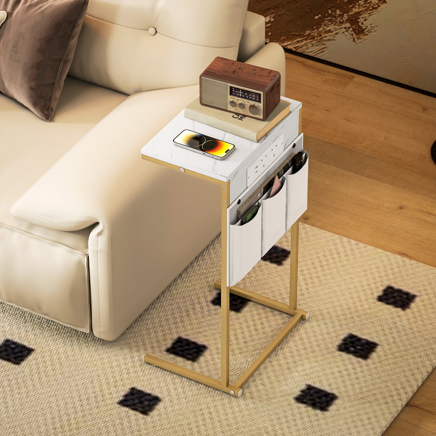 HOMCOM C Shaped Bedside Table With Charging Station Marble Grain Finish Power Outlets USB Ports Storage Bags White