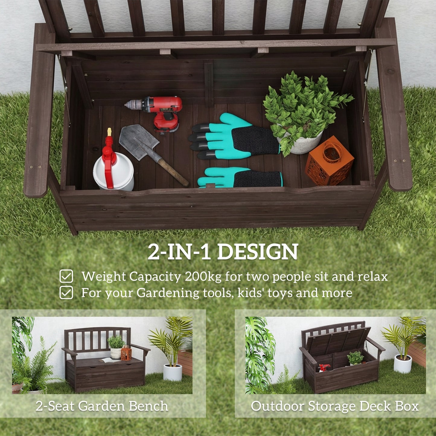 Outsunny Outdoor 2 Seater Garden Bench With Storage Brown Fir Wood Backrest And Armrests 112 X 84 X 58 Cm