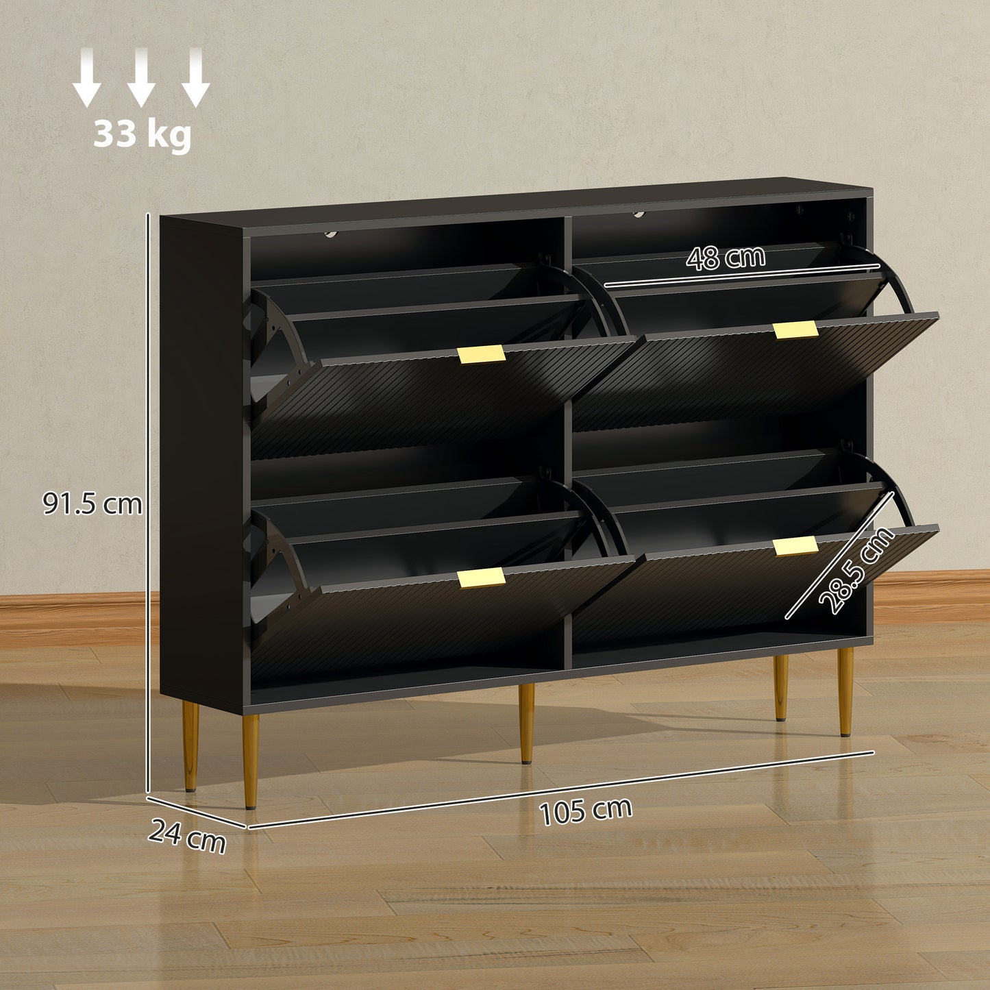 HOMCOM Elegant Four-Drawer White Shoe Cabinet With Adjustable Shelves Holds 10-20 Pairs And Gold-Colored Details