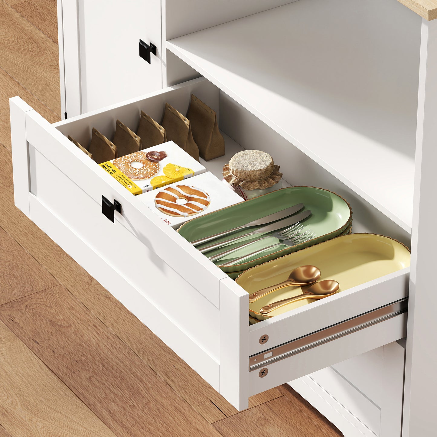 HOMCOM Freestanding Kitchen Cabinet With 2 Cabinets, 2 Drawers, Open And Adjustable Shelves, White