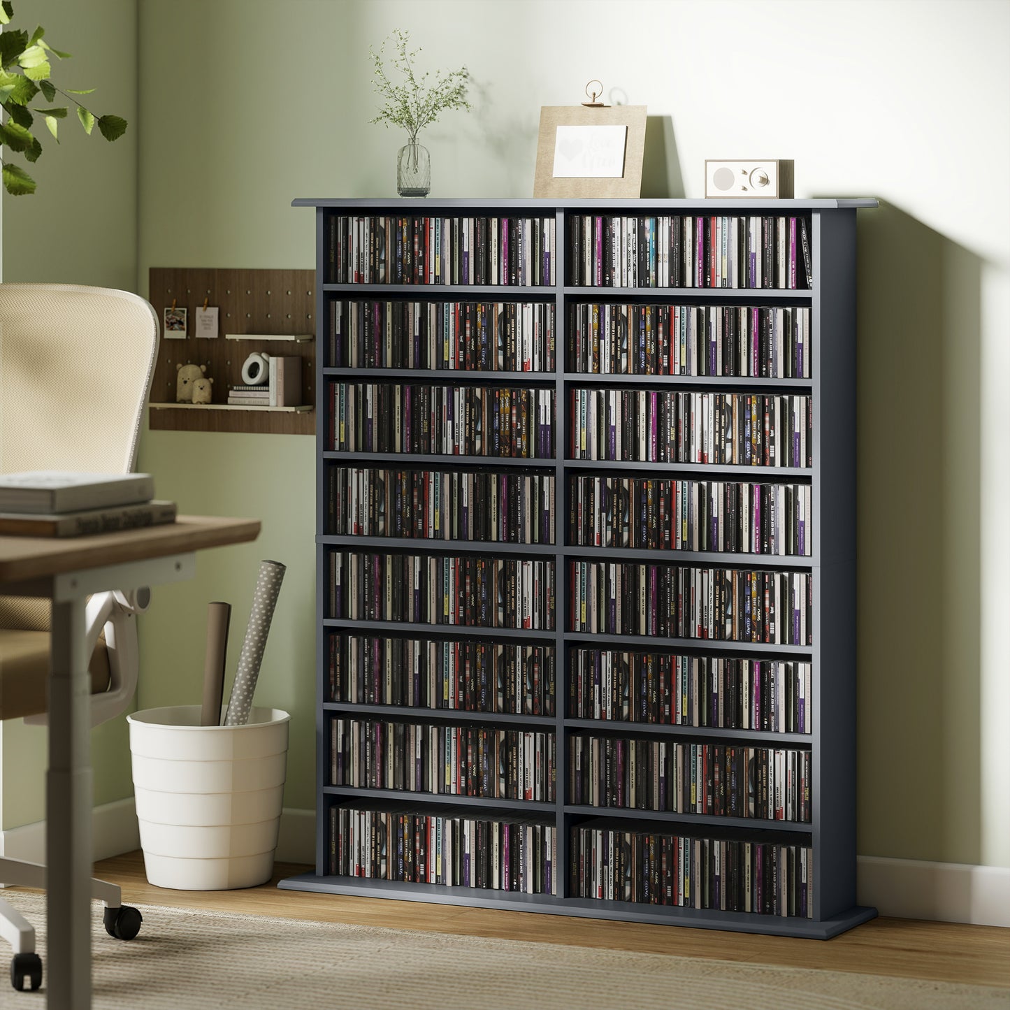 HOMCOM 16 Compartment Media Shelf Grey With 12 Adjustable Shelves Holds 720 CDs 396 DVDs Or Blu Rays Anti Tip Straps