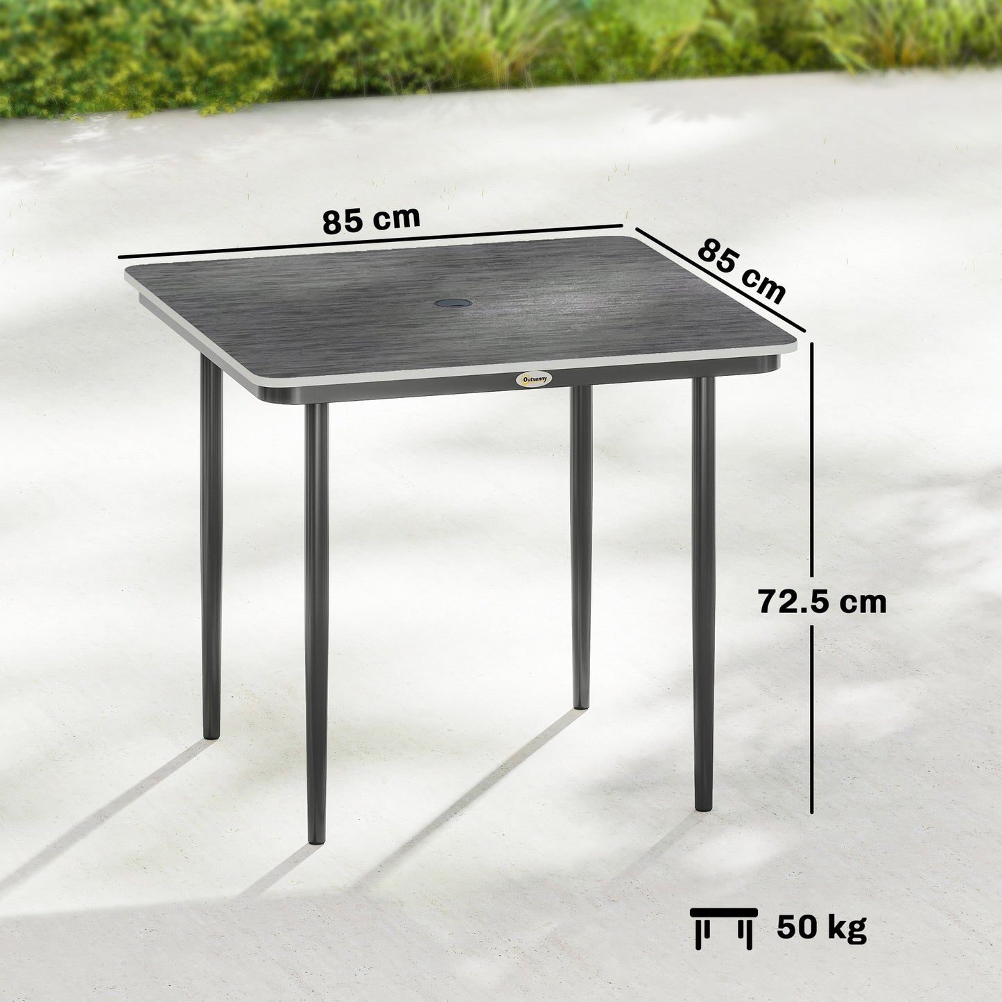 Outsunny 85 cm Square Garden Dining Table for 4 with Umbrella Hole Faux Wood Top Metal Legs Dark Grey