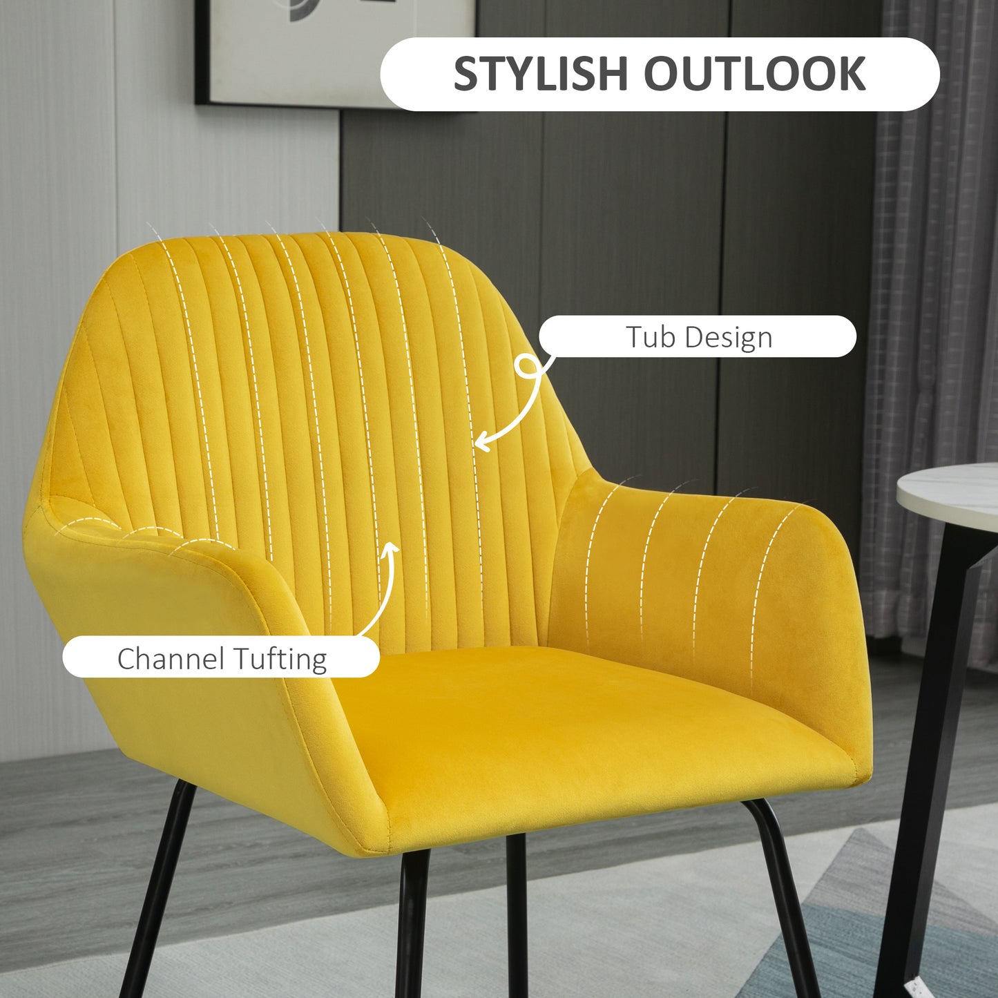 HOMCOM Modern Velvet Tub Chair And Round Coffee Table Set In Black And Yellow For Living Rooms