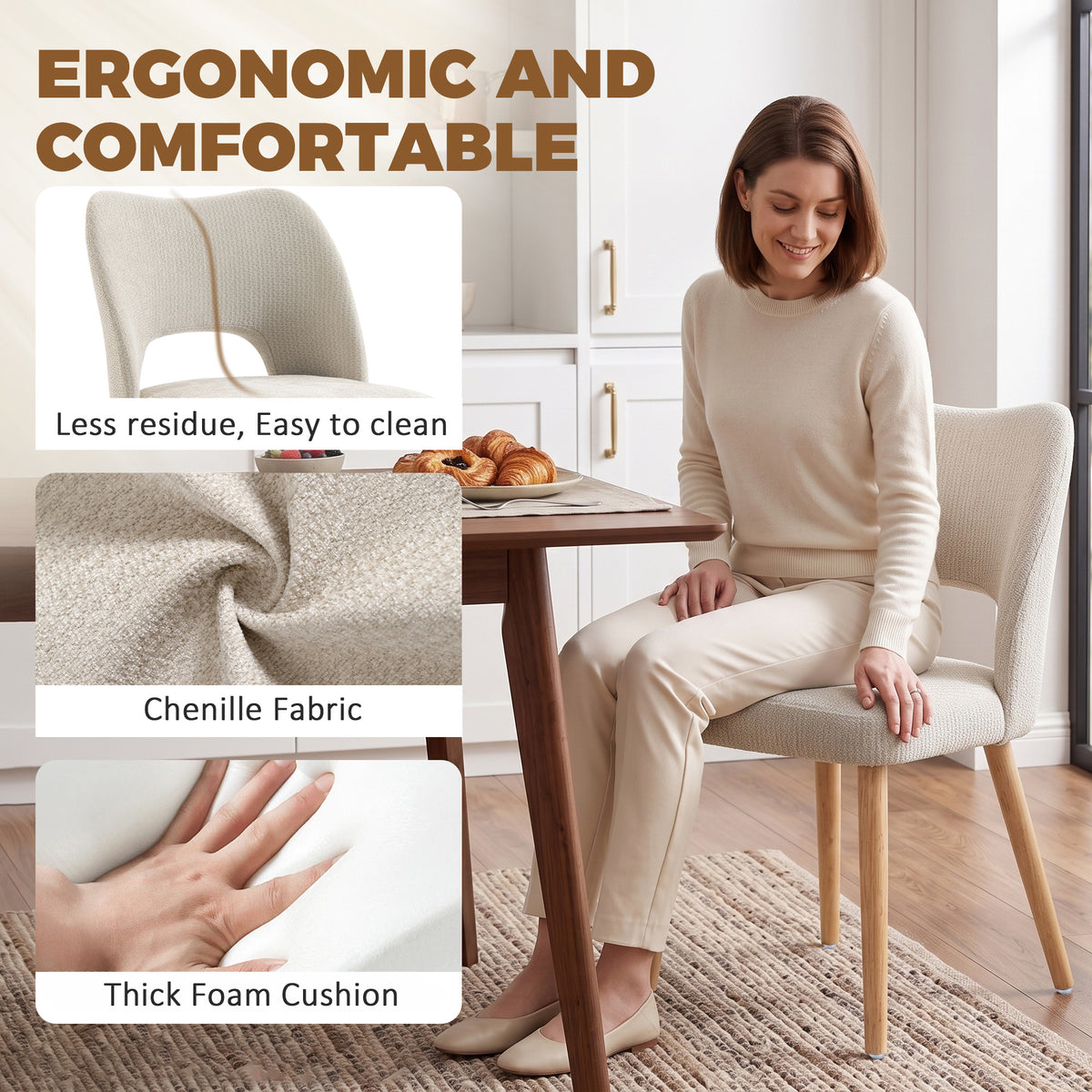 Beige chenille dining chair with thick foam cushion and light wood legs.