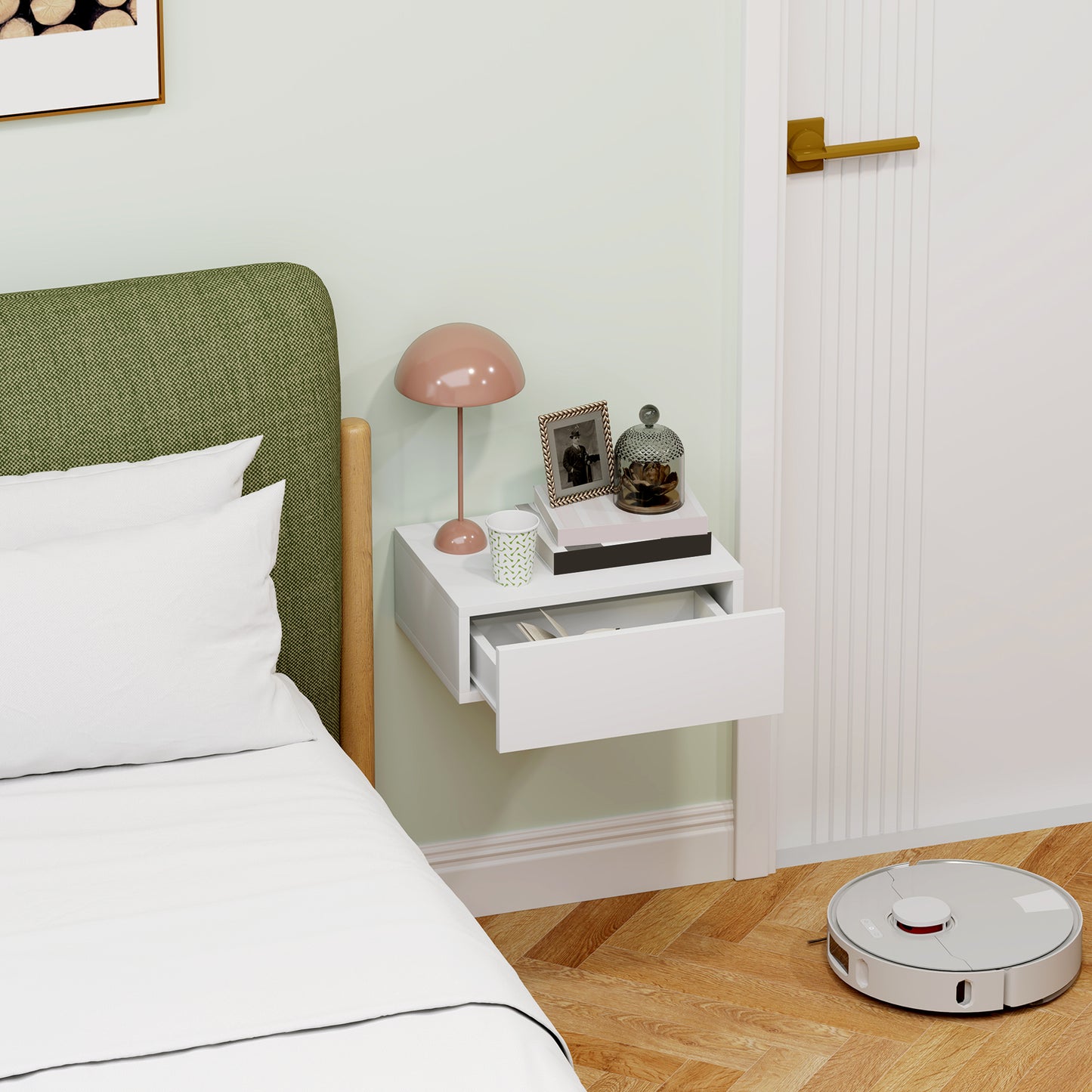 HOMCOM Floating Bedside Table Wall Mounted Nightstand With Storage Drawer White Finish