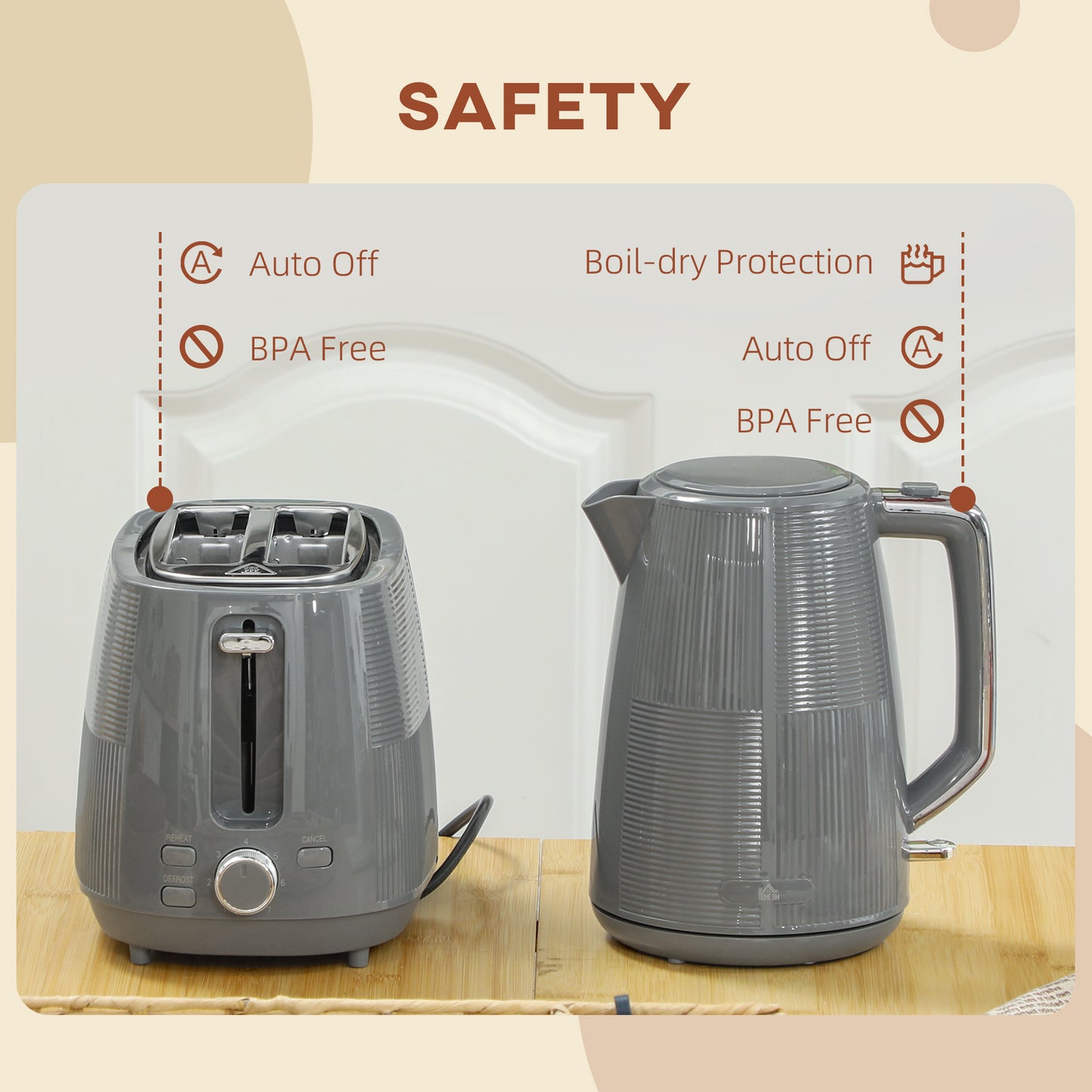 HOMCOM Grey Kettle And Toaster Set 1.7L 3000W Fast Boil Kettle 2 Slice Toaster With 7 Level Browning Boil Dry Protection
