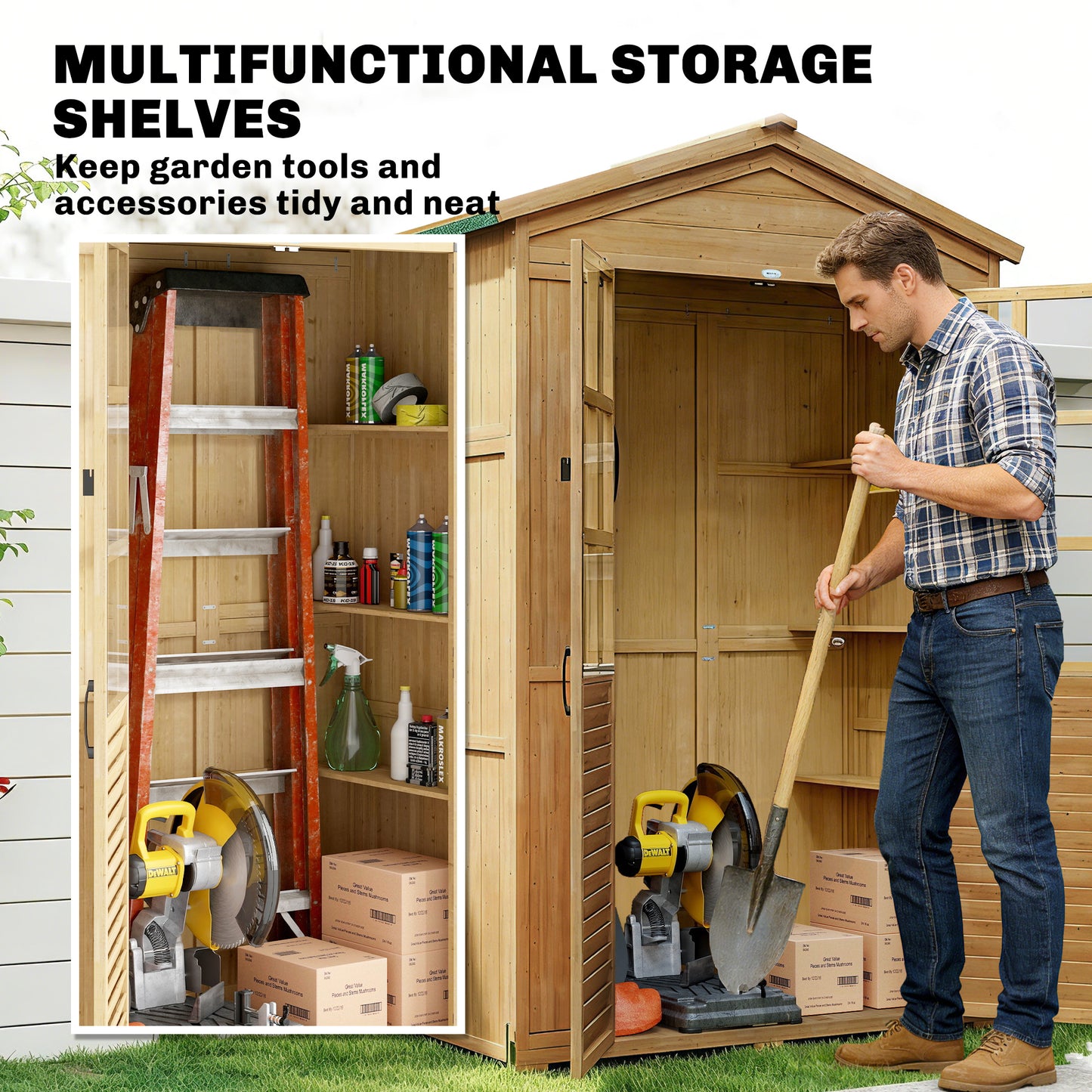Outsunny Outdoor Wooden Storage Cabinet Shed With Acrylic Windows For Patio Garden Tools Light Brown