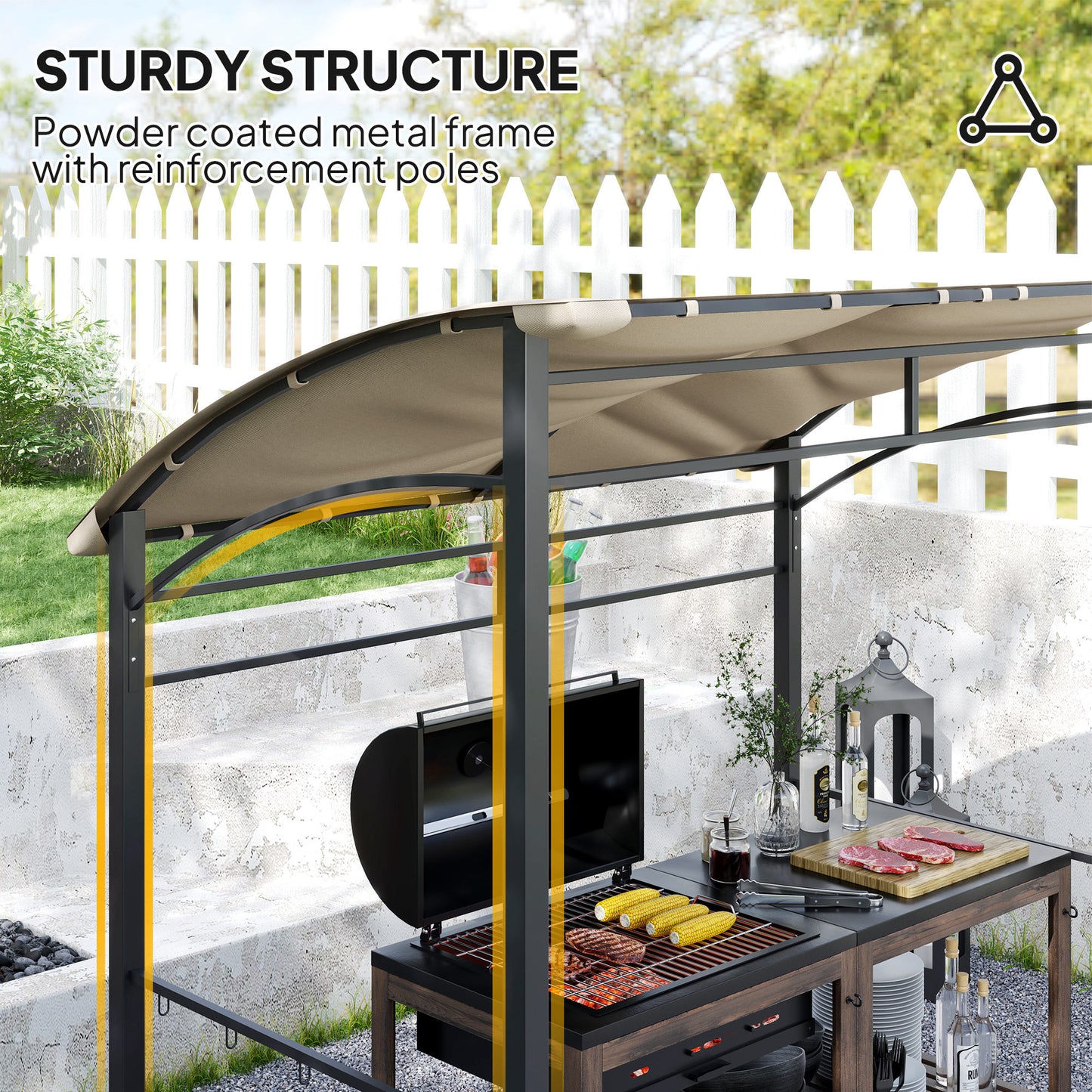 Outsunny 2.2m X 1.5m BBQ Gazebo Tent With Metal Frame Curved Canopy And 10 Hooks Outdoor Shade Khaki