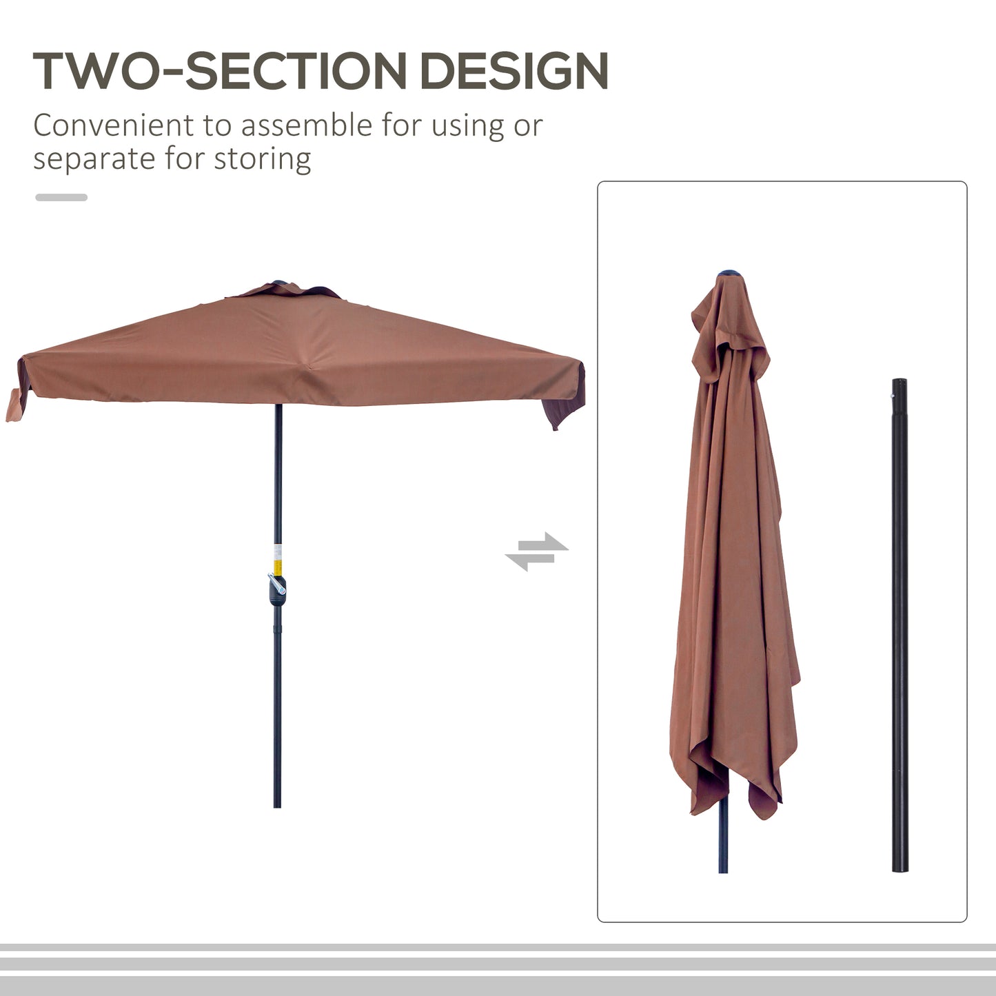 Outsunny 2.3m Wall-Mounted Semi Round Patio Umbrella with Metal Frame and Crank Handle - Brown (Base Not Included) - ALL4U RETAILER LTD