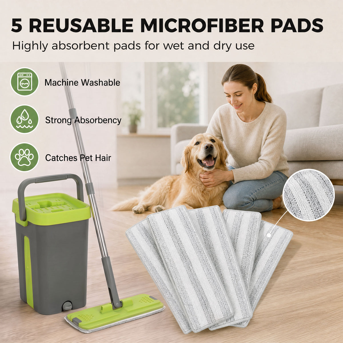 Reusable microfiber mop pads set for wet and dry use with mop bucket and wringer