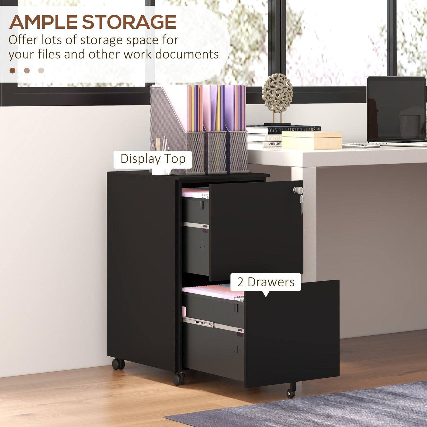 Vinsetto 2-Drawer Vertical Filing Cabinet, Steel Mobile File Cabinet with Lock - ALL4U RETAILER LTD