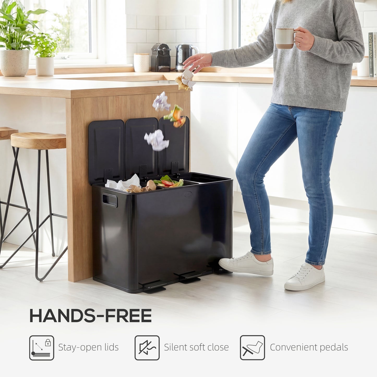 HOMCOM 3 x 15L Pedal Bin Stainless Steel Kitchen Bin With Soft Close Lid Removable Buckets Fingerprint Proof Black