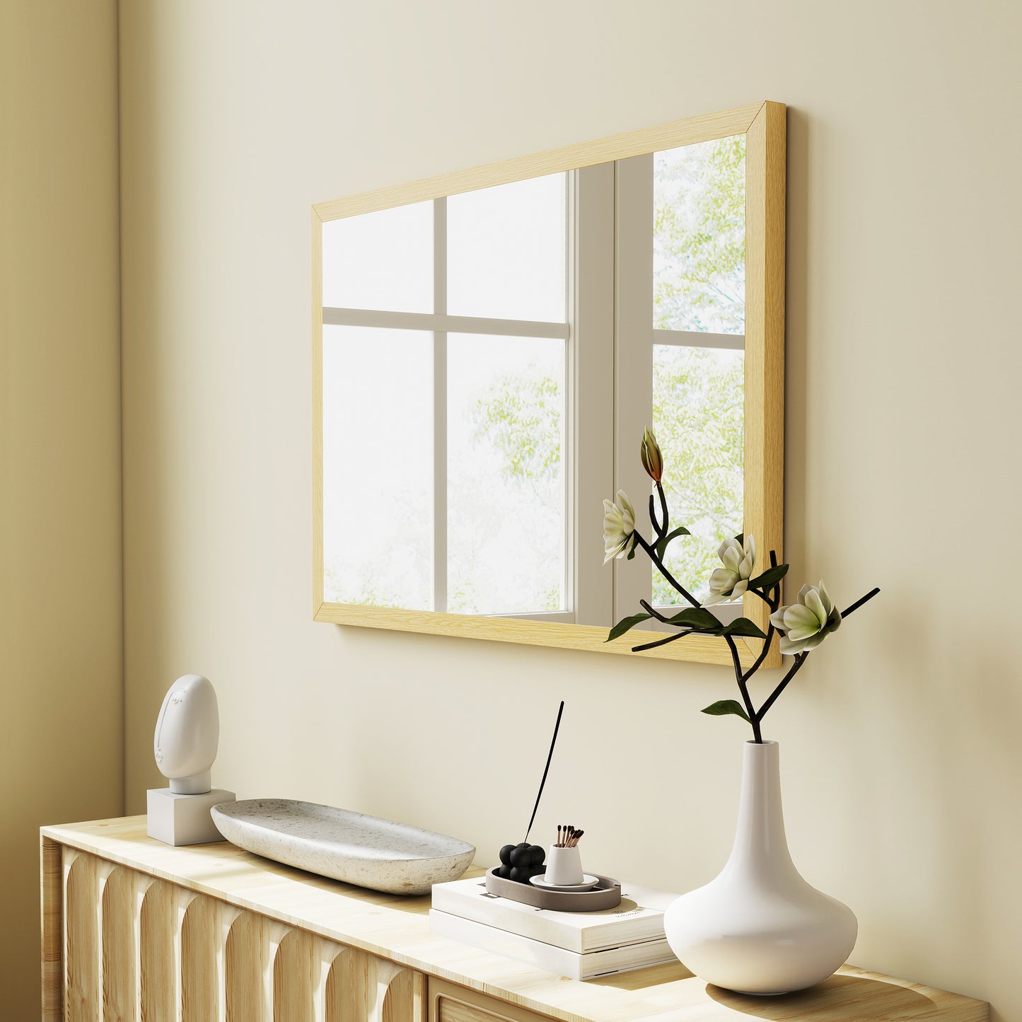 HOMCOM Wall Mounted Mirror 60 x 40 cm Natural Wood Finish for Bathroom Living Room Bedroom Hallway