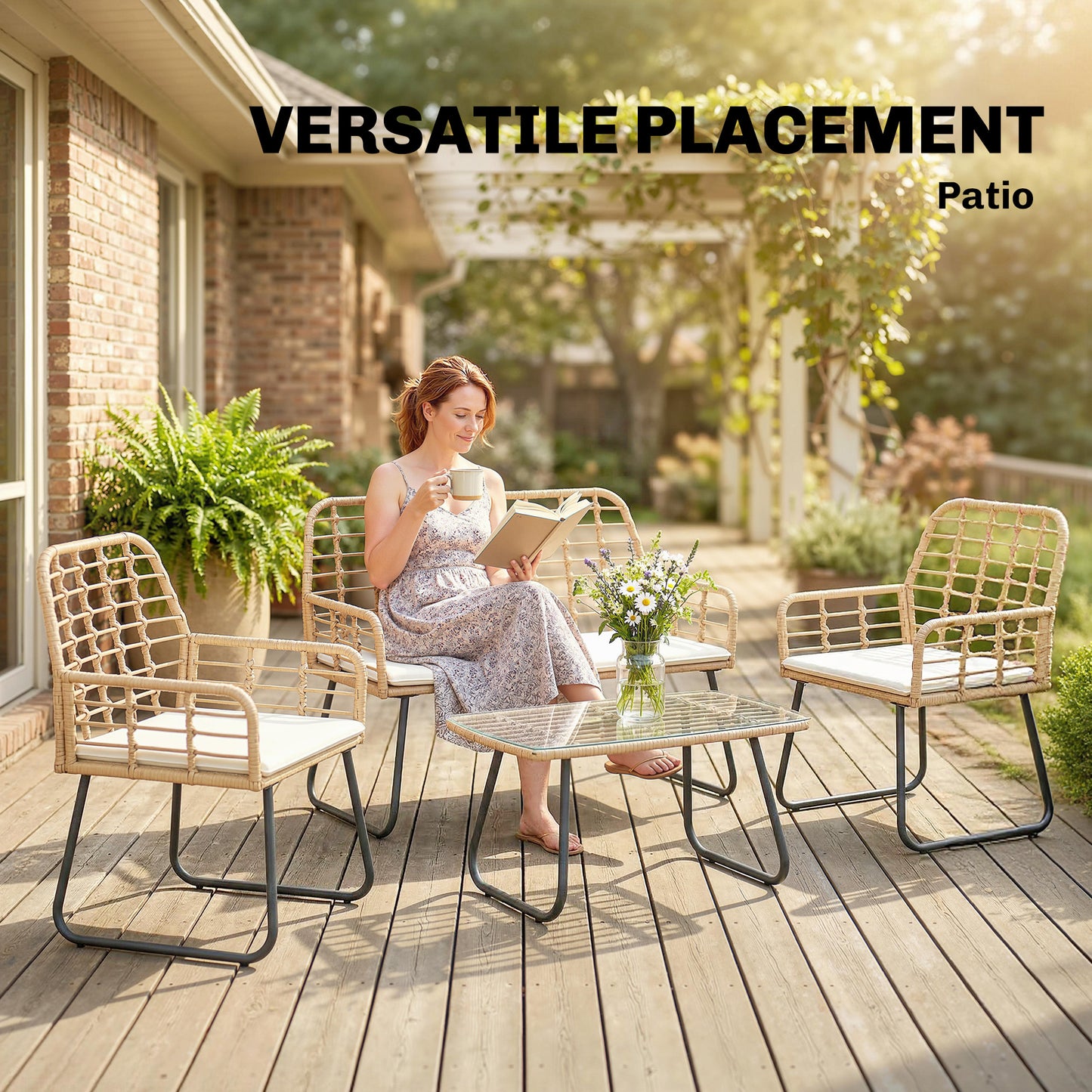 Outsunny 4 Piece Rattan Garden Set Outdoor Patio Furniture With Loveseat Armchairs And Coffee Table