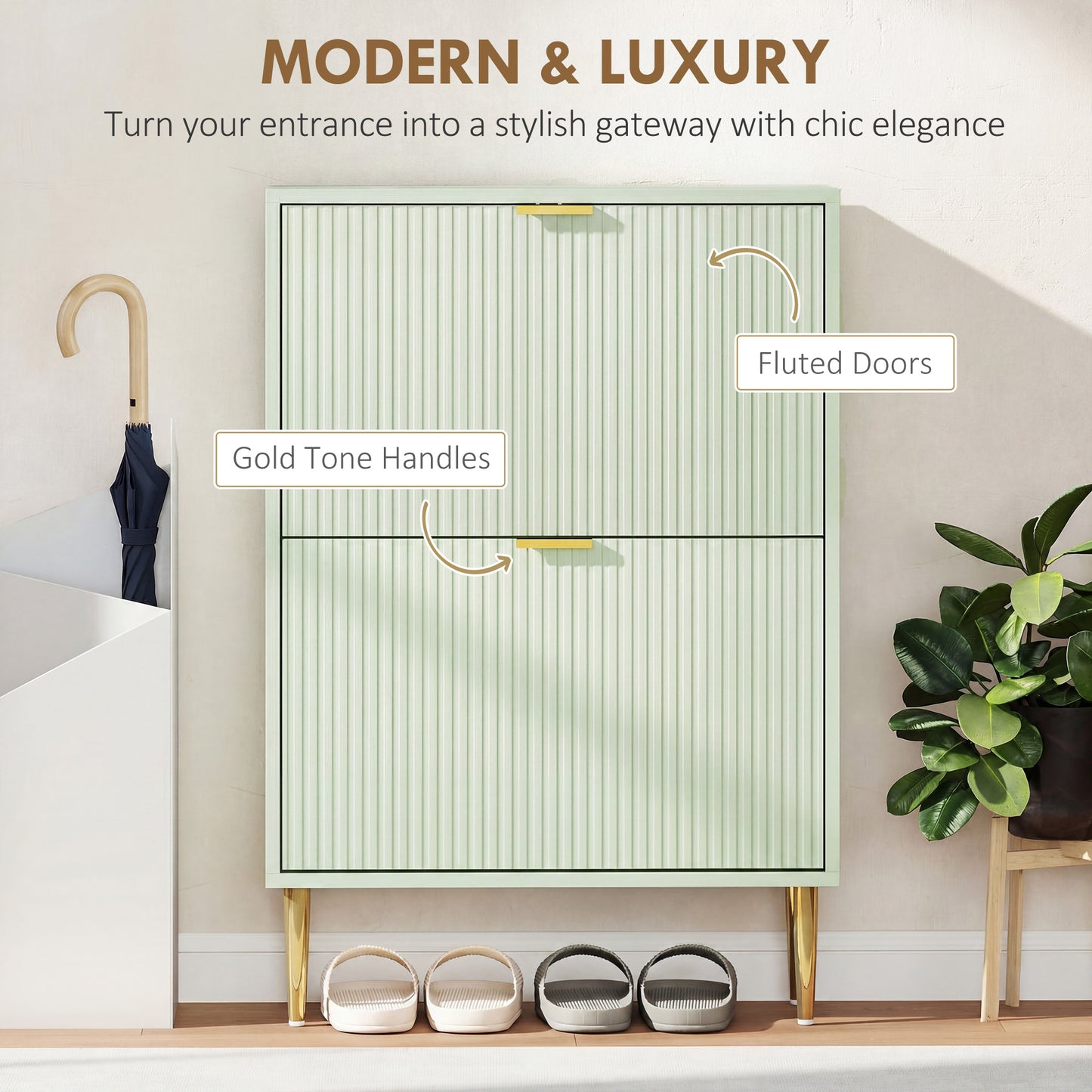 HOMCOM Elegant Two Drawer Shoe Cabinet In Light Green With Ridged Front Doors And Gold Accents Holds 6 to 12 Pairs