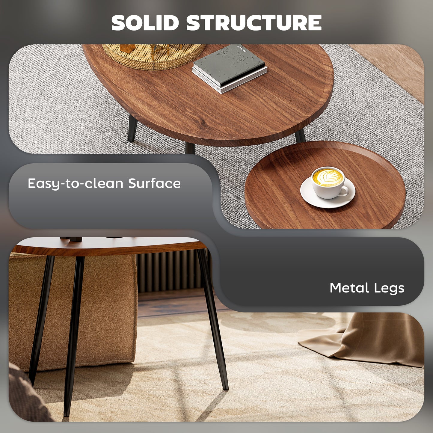 HOMCOM Nesting Coffee Tables Set of 2 80cm Stacking Tables with Metal Legs Chestnut Wood Effect Living Room Office
