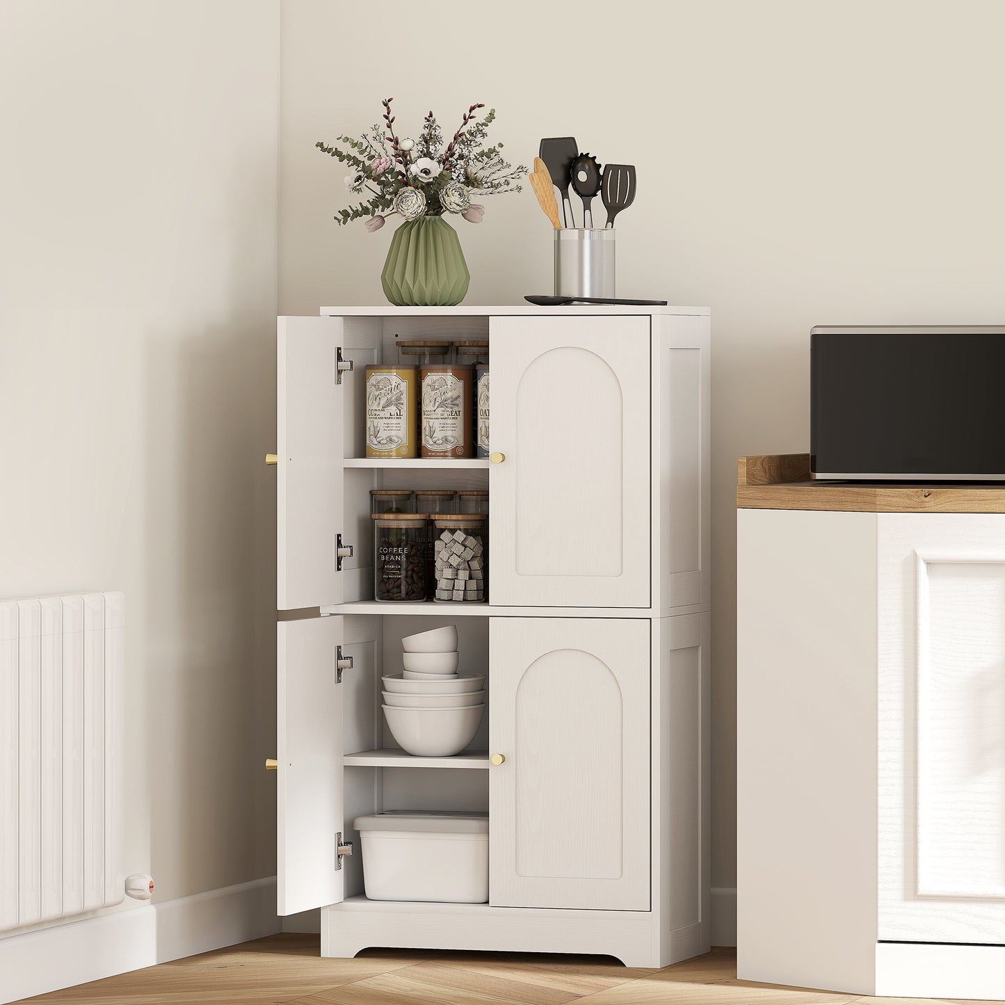 HOMCOM White 4 Door Kitchen Storage Cabinet With Adjustable Shelves Arched Door Panels And Gold Tone Handles
