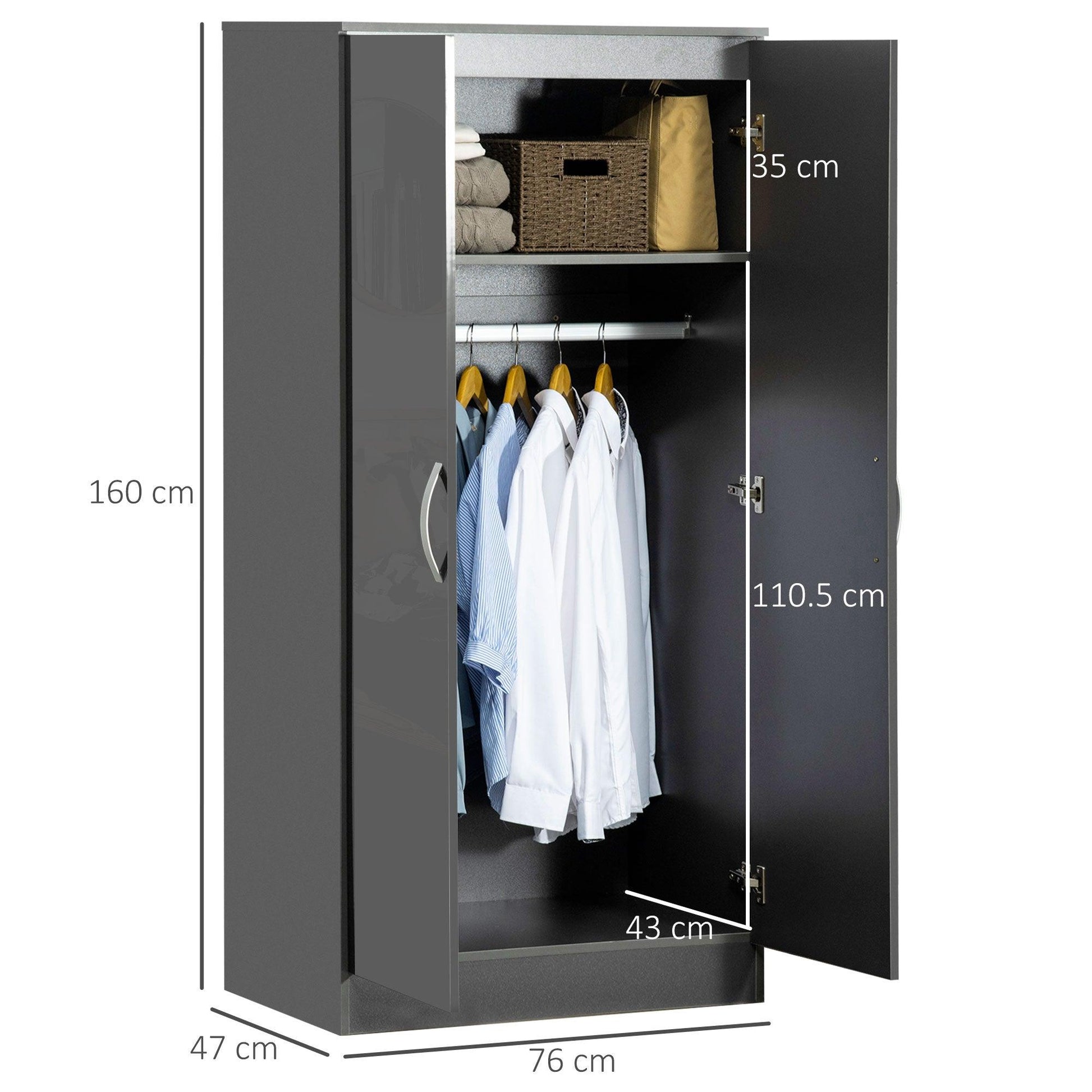 HOMCOM Modern Wardrobe Closet, Clothes Cabinet with High Glossing Door, Grey - ALL4U RETAILER LTD