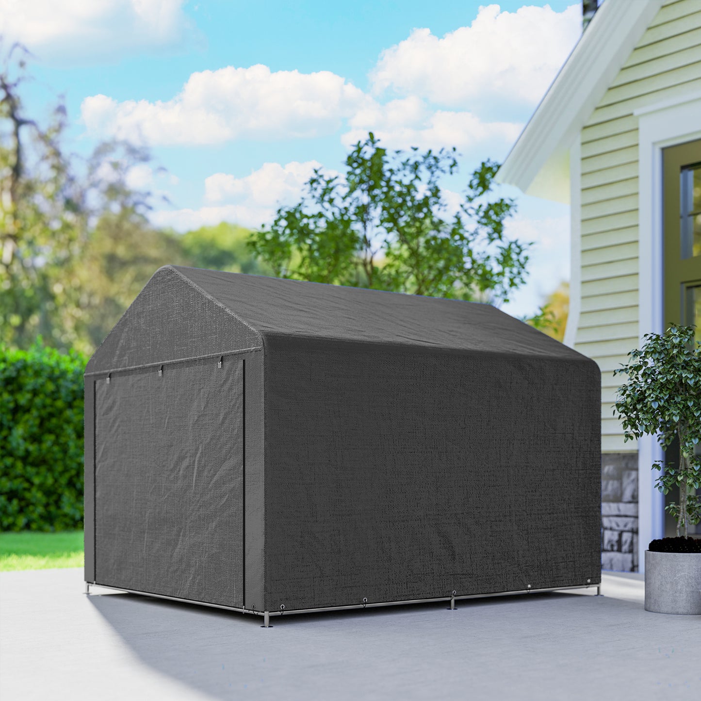 Outsunny Outdoor Garden Bike Storage Shed With Waterproof Roll Up Zipper Door And Galvanised Metal Frame Dark Grey