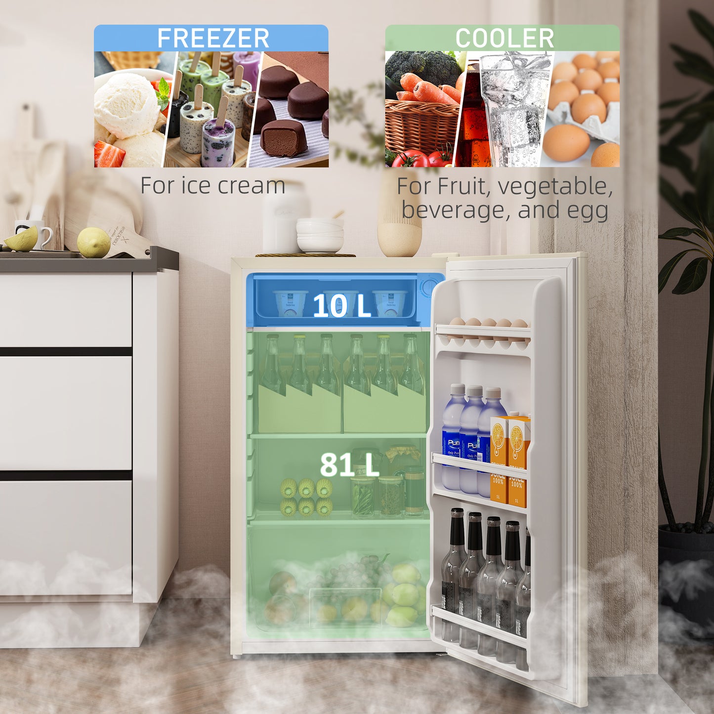 HOMCOM 91L Beige Under Counter Fridge with Chiller Box, Removable Shelf, Reversible Door, Adjustable Legs