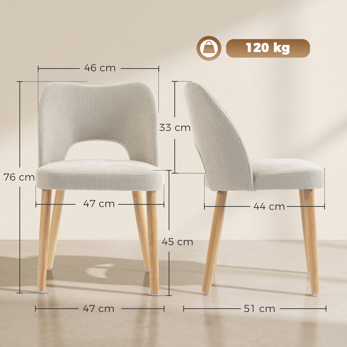 Beige upholstered dining chair silhouette with curved back and light wood legs, side view.