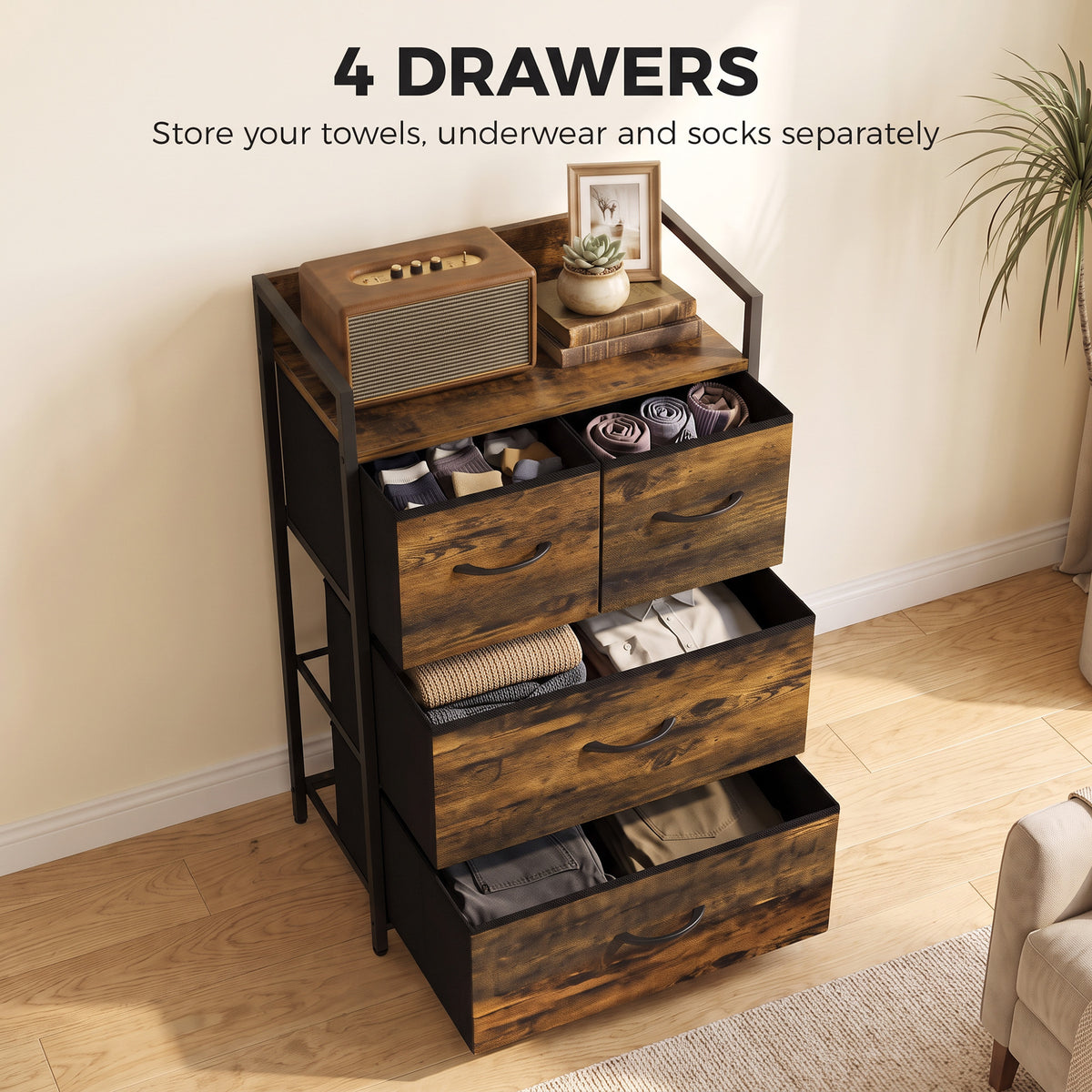 Rustic brown four-drawer storage dresser with open cubbies and black metal frame