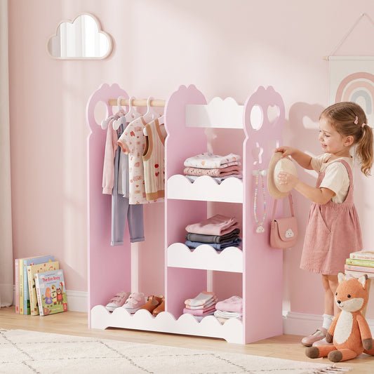 AIYAPLAY Kids Pink Wardrobe With Mirror Clothes Rail And Storage Shelves