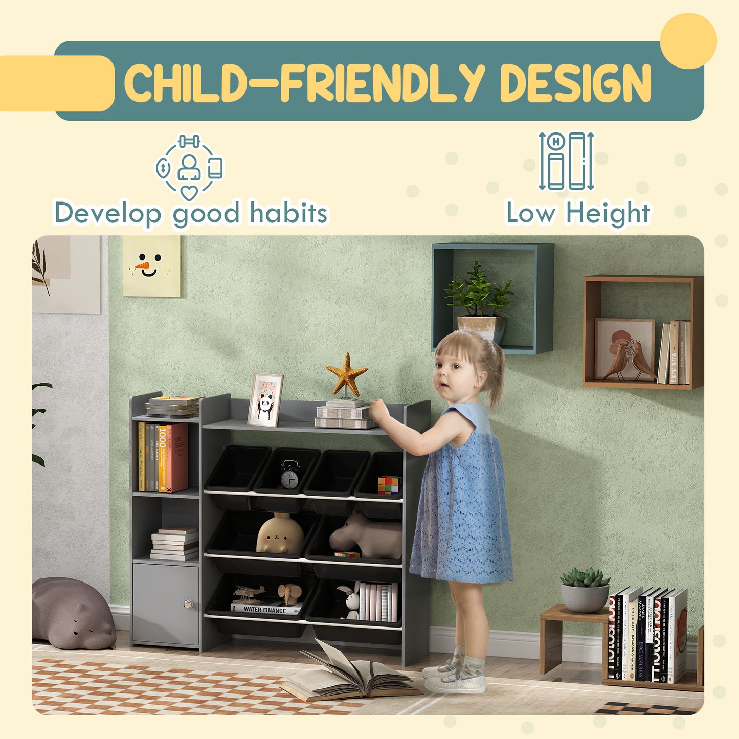 AIYAPLAY Toy Storage Unit With 8 Removable Bins Storage Shelves And Cabinet In Grey