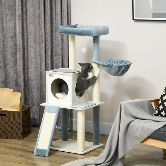 PawHut Wooden Cat Tree for Indoor Cats Cat Tower with Scratching Post,Blue - ALL4U RETAILER LTD
