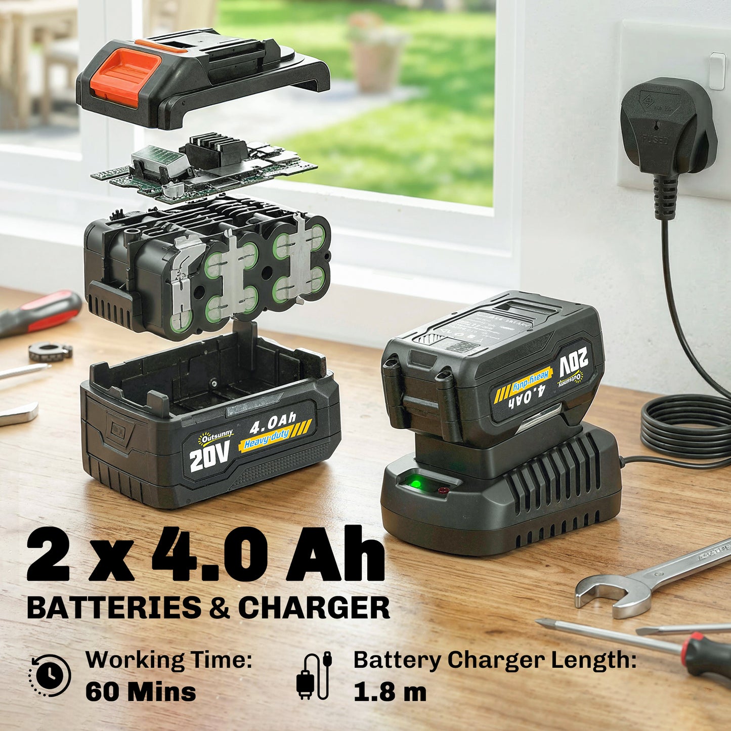 Outsunny 18V 8 Inch Cordless Pole Chainsaw With 2 X 4.0Ah Batteries And Charger And Auto Lubrication Reach 2.56 Meters