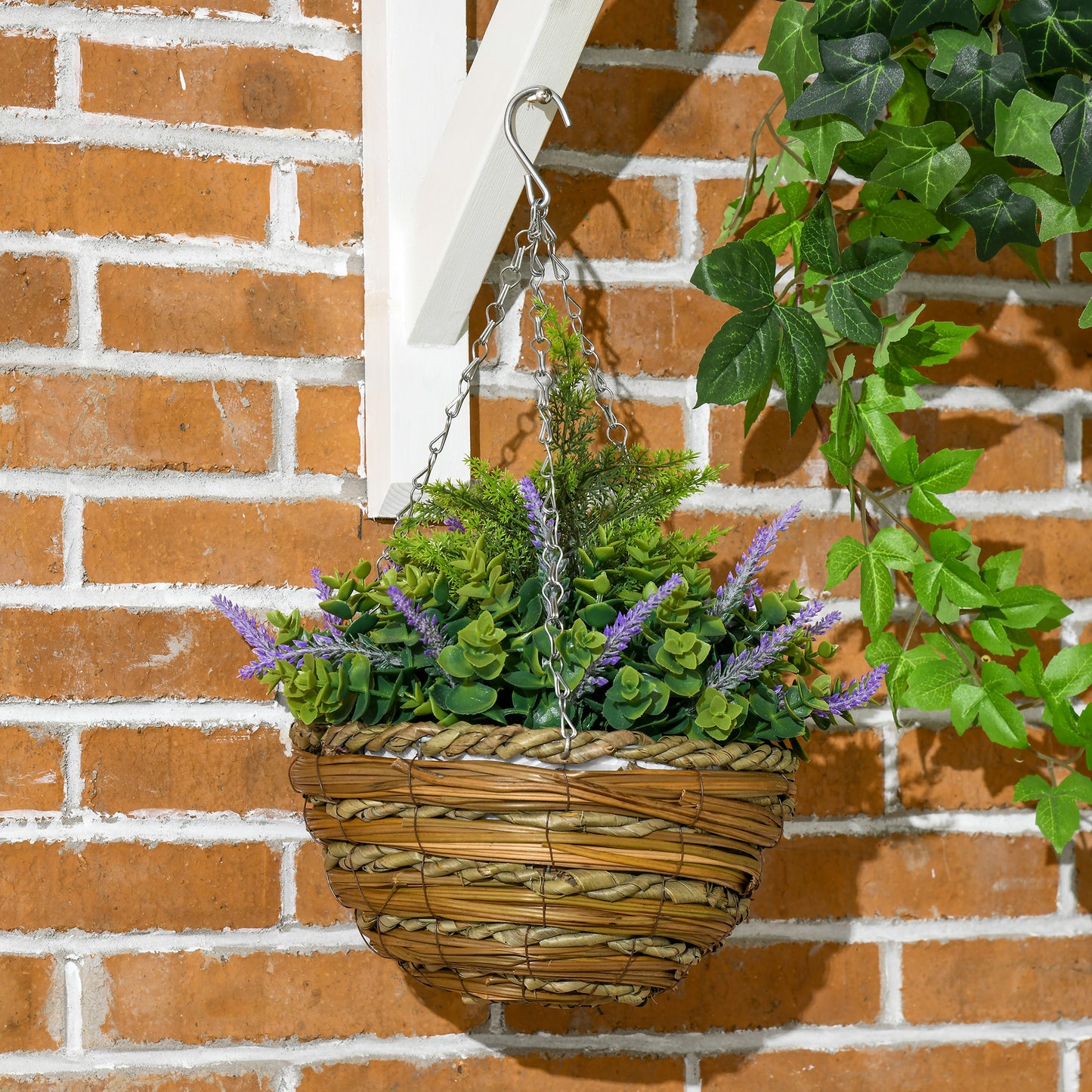 Outsunny Set of 2 Purple Artificial Lisianthus Flower Hanging Planters with Wicker Baskets for Indoor and Outdoor Use - ALL4U RETAILER LTD