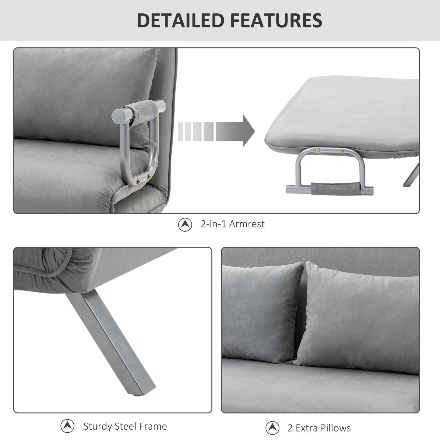 HOMCOM Light Grey Dual-Function Sofa Bed with Click-Clack Design