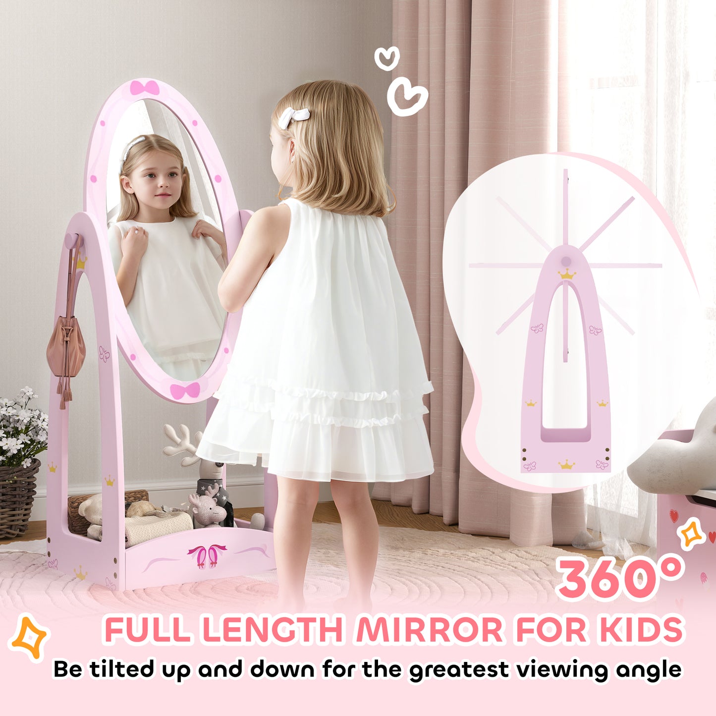AIYAPLAY Kids Bed With Safety Rails Clothes Rail Full Length Mirror 3 Piece Pink Bedroom Furniture Set