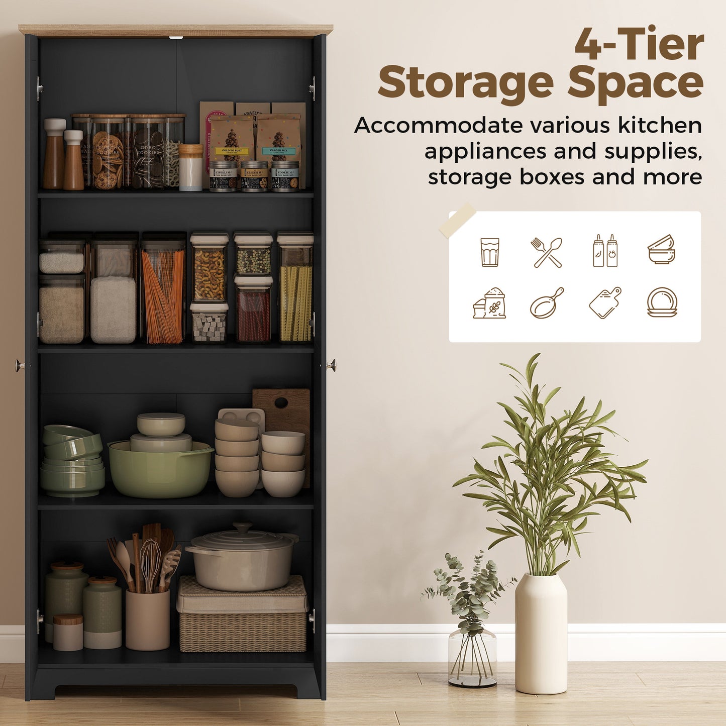 HOMCOM Kitchen Cupboard 172cm Freestanding Storage Cabinet With Doors And Four Shelves Black