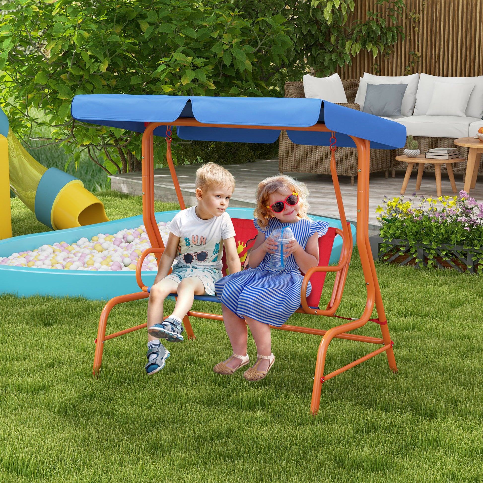 Outsunny Cowboy-Themed Double Seater Kids Swing Chair with Adjustable Canopy and Safety Belts for Outdoor Fun - ALL4U RETAILER LTD