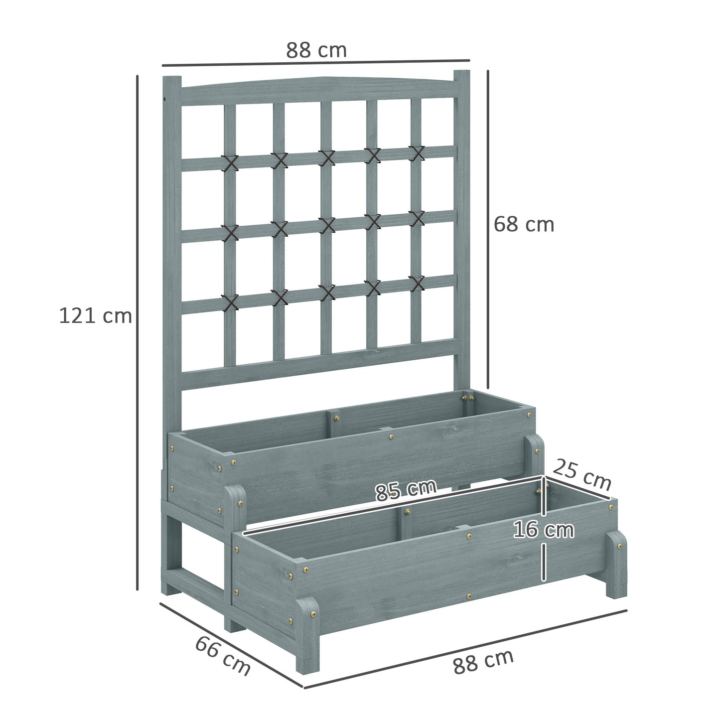 Outsunny 2 Tier Raised Garden Bed With Trellis Wooden Planter Box Drainage Holes Garden For Climbing Plants Grey