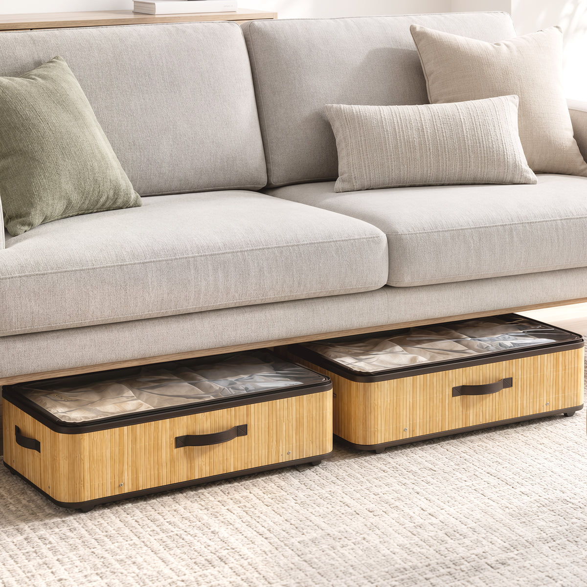 HOMCOM 60L Under Bed Storage Boxes With Wheels And Clear Lid Natural Pack Of 2