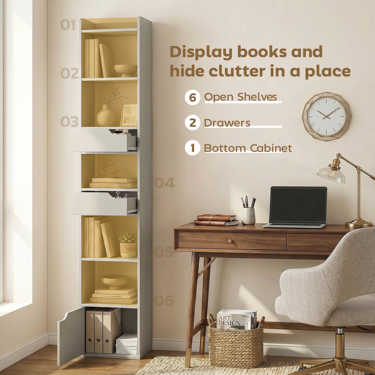 HOMCOM Tall Narrow Bookcase With 5 Tiers And Drawers Freestanding Storage Cabinet For Living Room Grey
