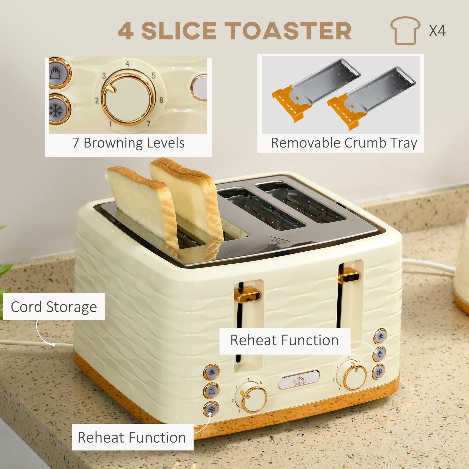 HOMCOM 3000W 1.7L Rapid Boil Kettle & 4 Slice Toaster, Kettle and Toaster Set with 7 Browning Controls and Crumb Tray, Beige - ALL4U RETAILER LTD