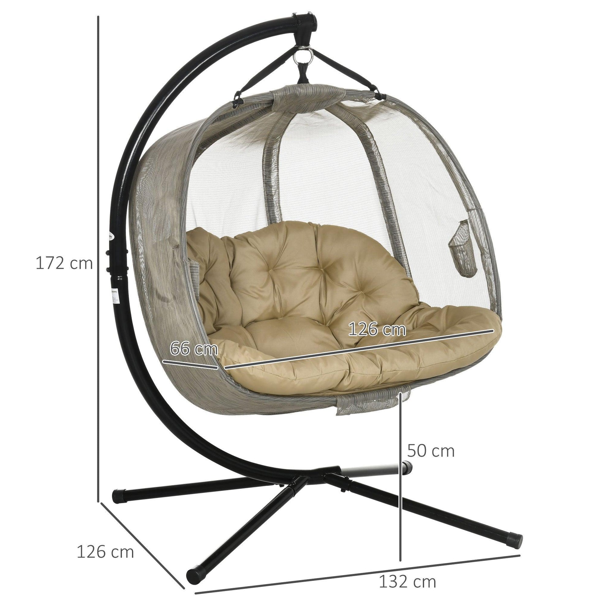 Outsunny Double Hanging Egg Chair Swing with Stand, Cushion - Brown - ALL4U RETAILER LTD