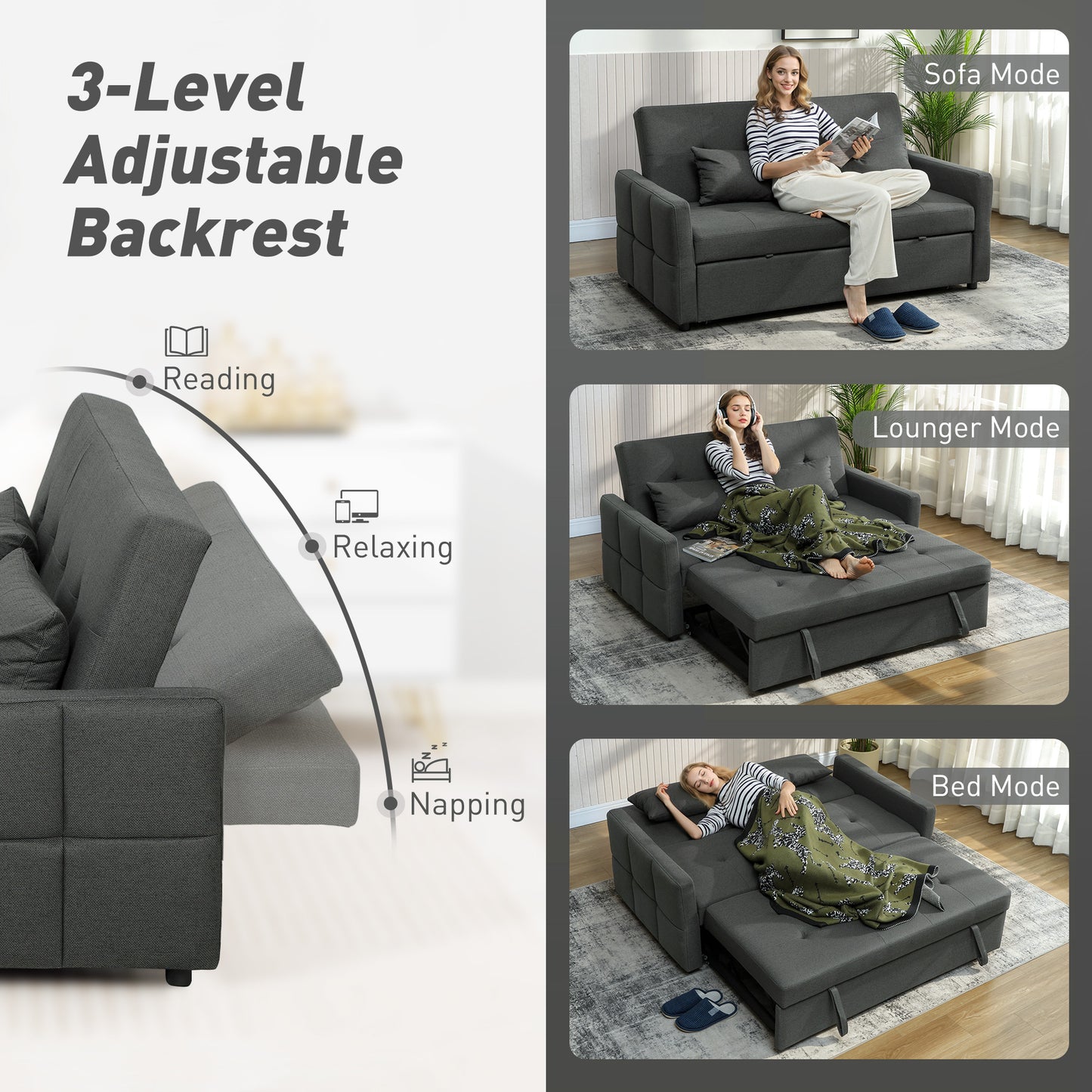 HOMCOM Three Way Two Seater Sofa Bed In Charcoal Grey With Linen Look Upholstery And High Density Foam