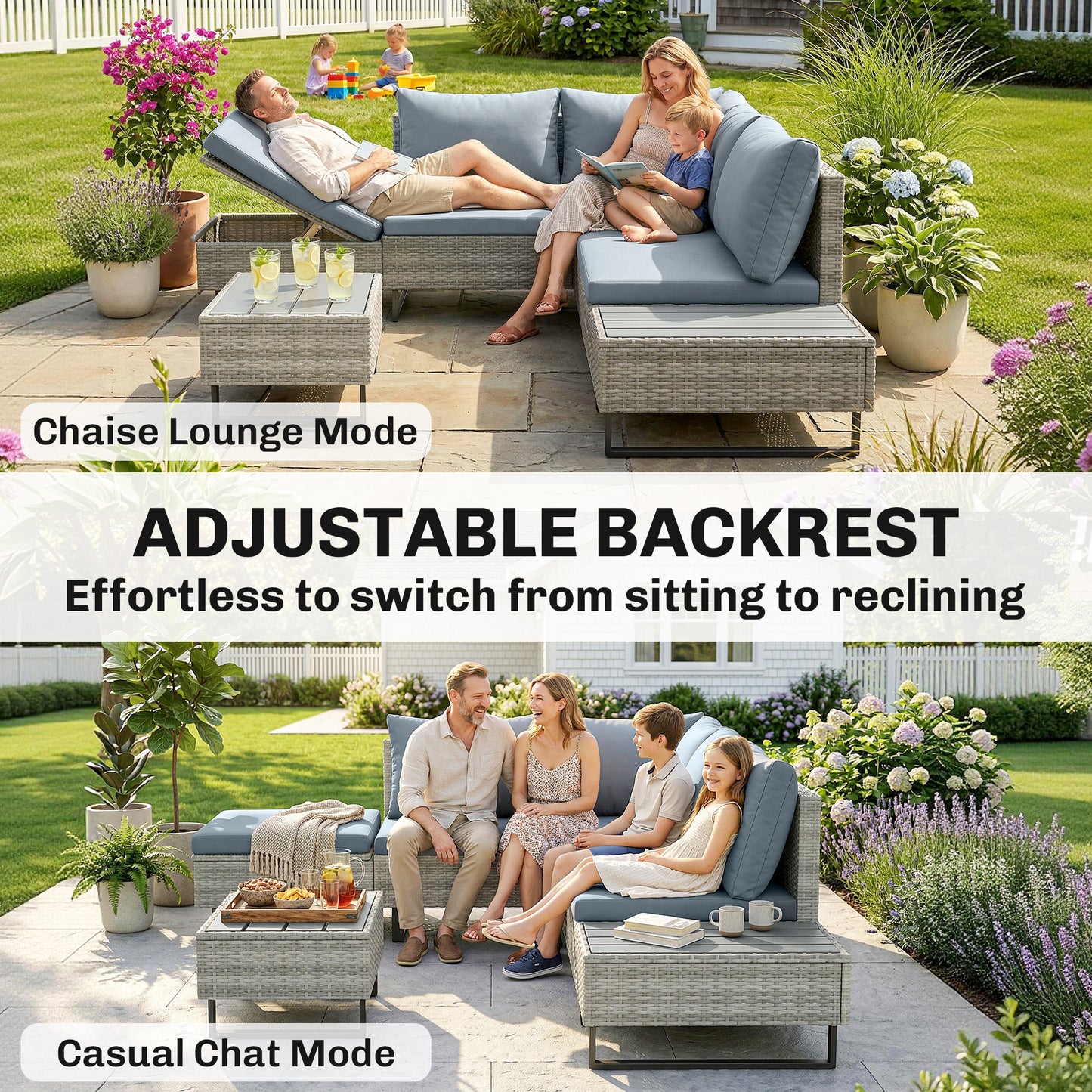 Outsunny 5 Seater Rattan Garden Furniture Set L Shaped Corner Sofa With Adjustable Back And Faux Wood Table Tops Grey