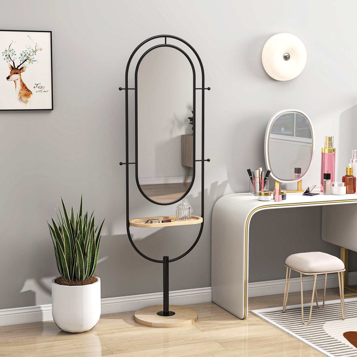 HOMCOM Dual Oval Full Length Mirror With Wooden Tray And Four Hooks Black Finish For Bedroom Or Hallway