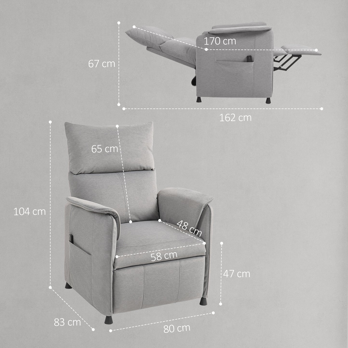 HOMCOM Power Recliner With Remote Electric Grey Pocket Springs Silent Motor Side Pockets