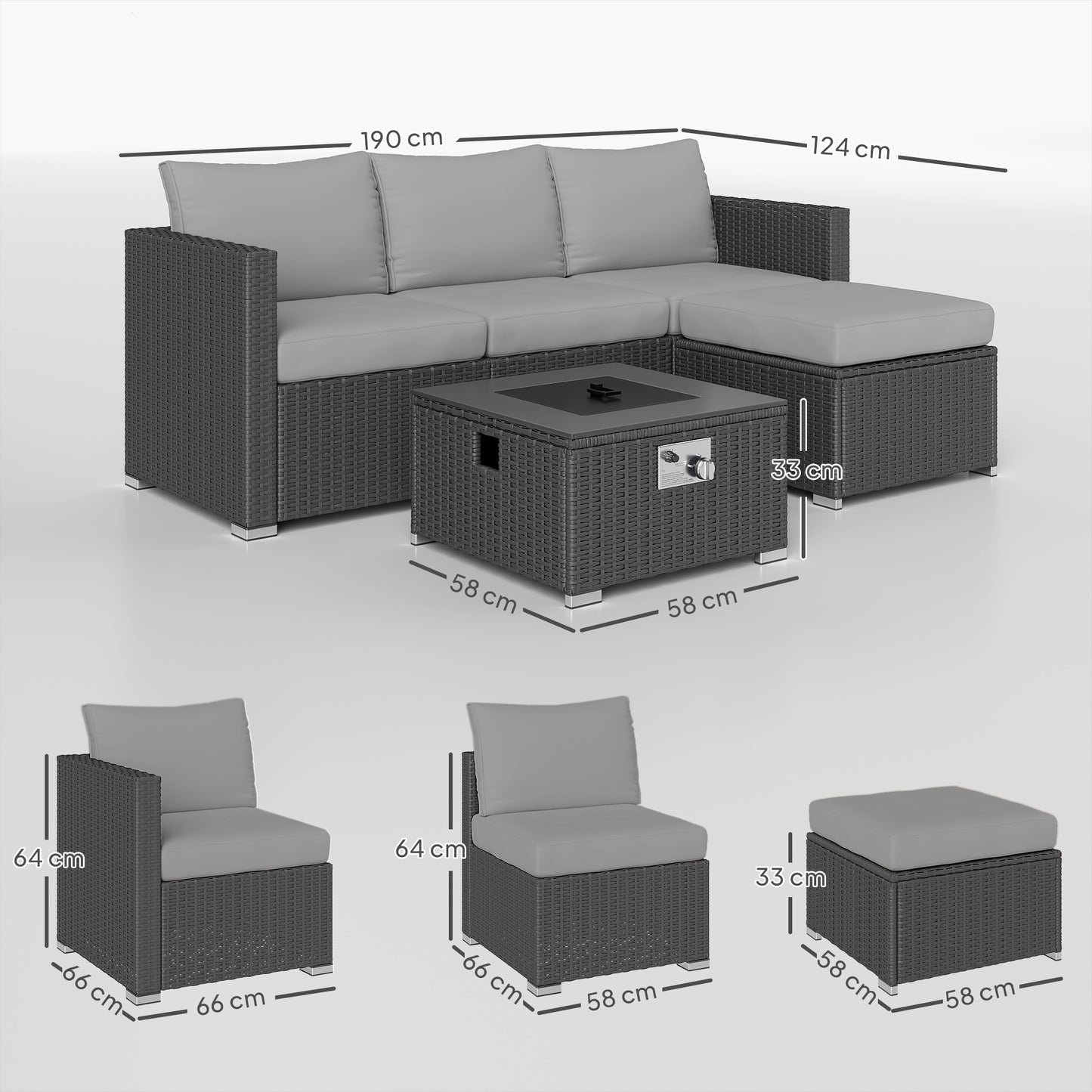 Outsunny Five Piece All Weather Rattan Garden Furniture Set With Gas Fire Pit Table And Footstool Grey