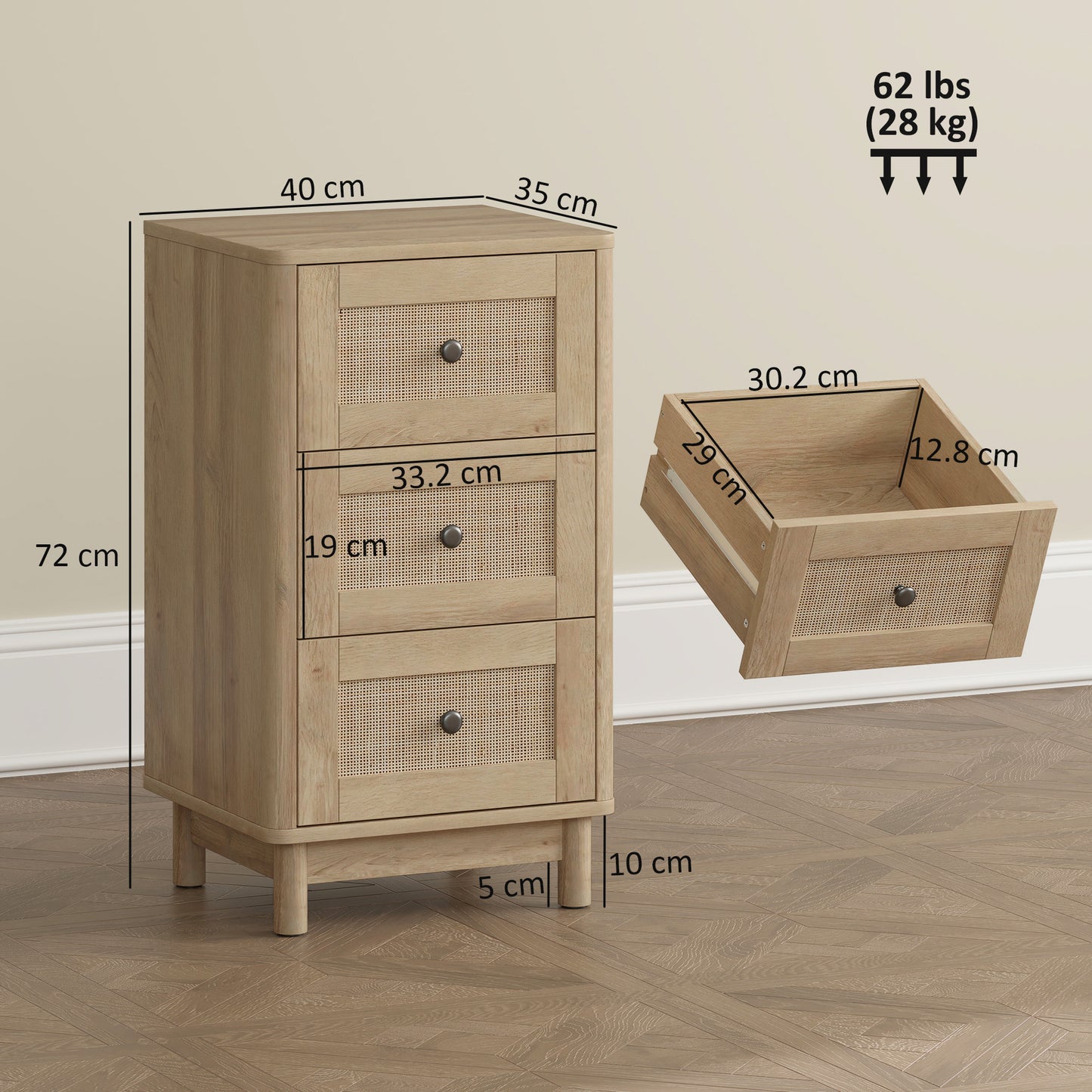 HOMCOM 40 cm Oak Finish Drawer Chest With Three Drawers For Bedroom Storage And Clutter Free Organization