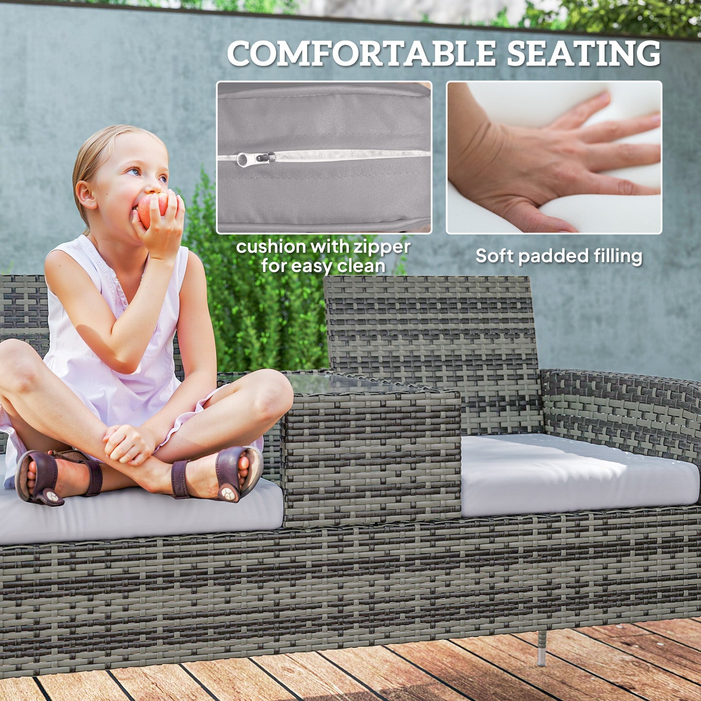 Outsunny Two Seat Rattan Chair With Middle Table Outdoor Patio Set Charcoal Grey Tempered Glass Top
