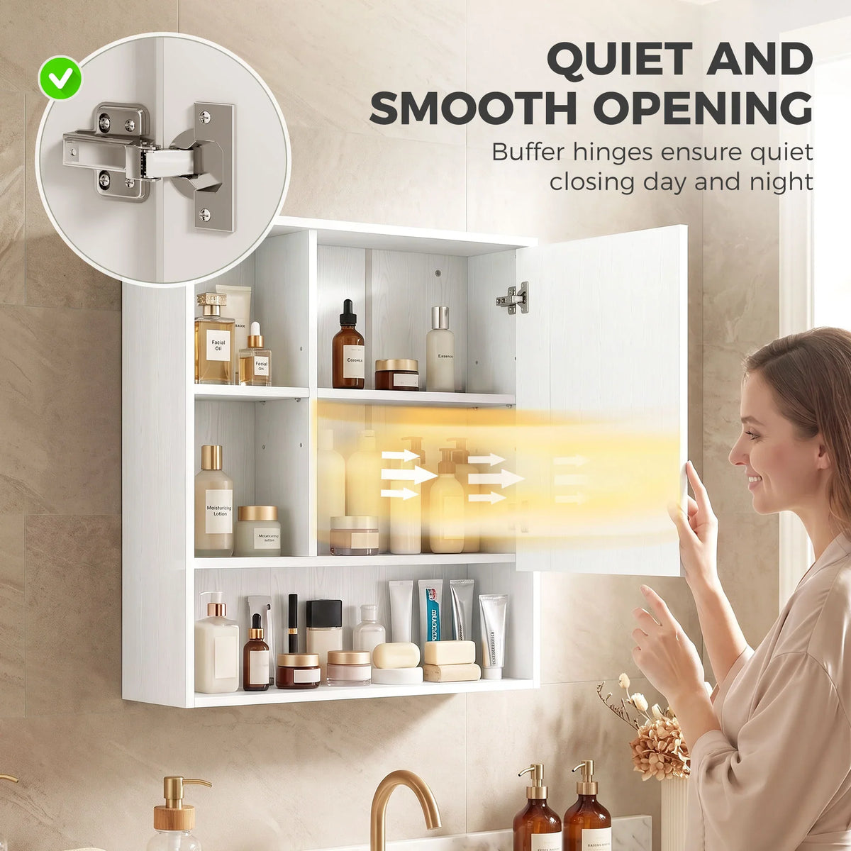 White bathroom mirrored cabinet with soft-closing hinges for smooth, quiet opening