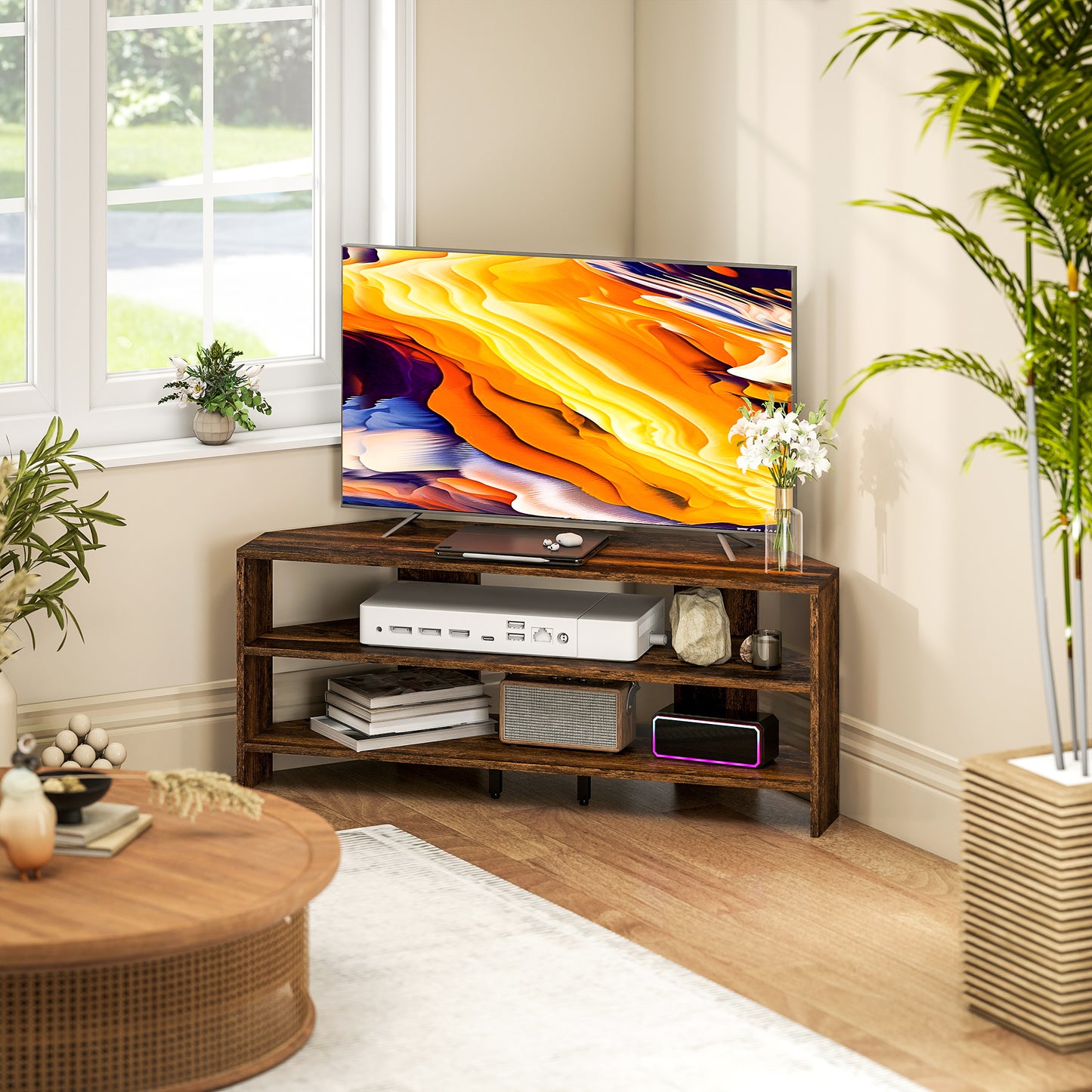 HOMCOM Corner TV Stand With Two Open Shelves For 47 Inch TV Rustic Brown Space Saving Design