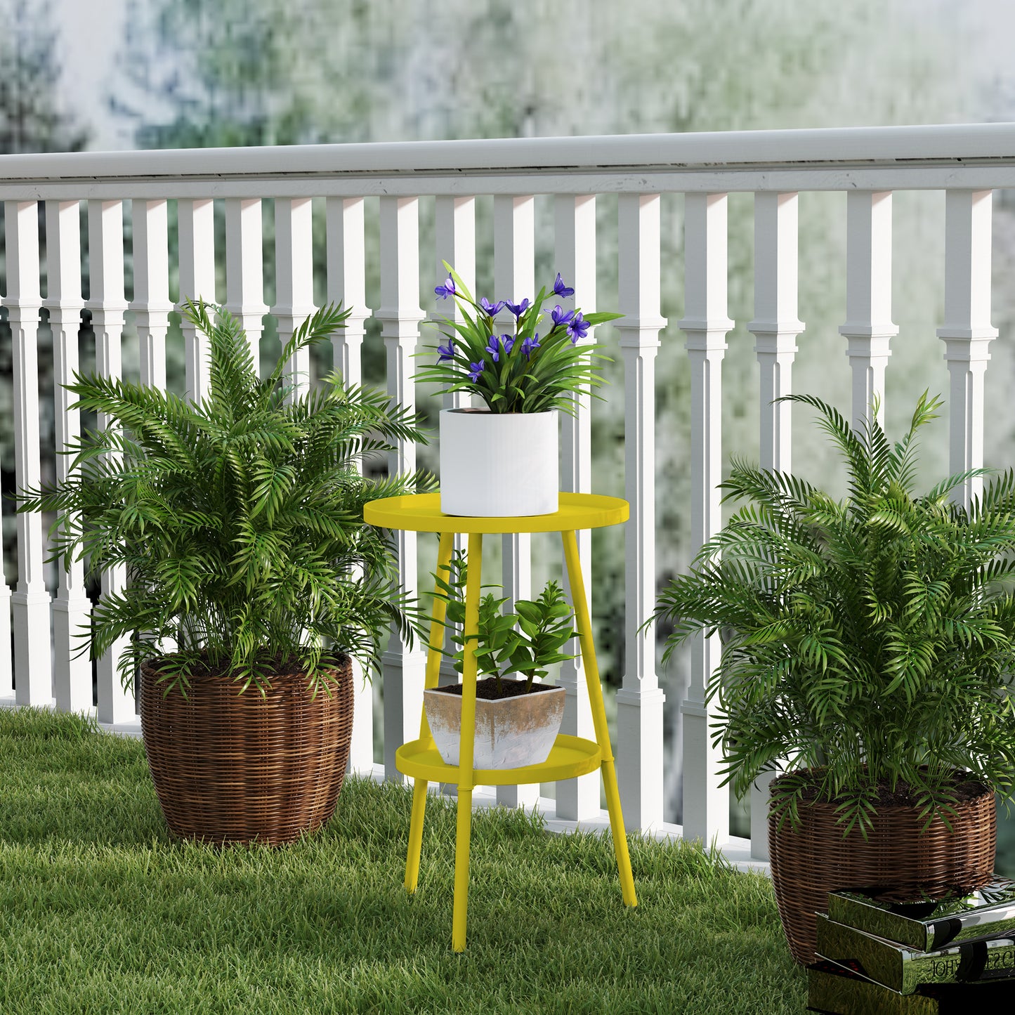 Outsunny Two Tier Metal Garden Table Yellow Indoor Outdoor Weather Resistant Patio Accent